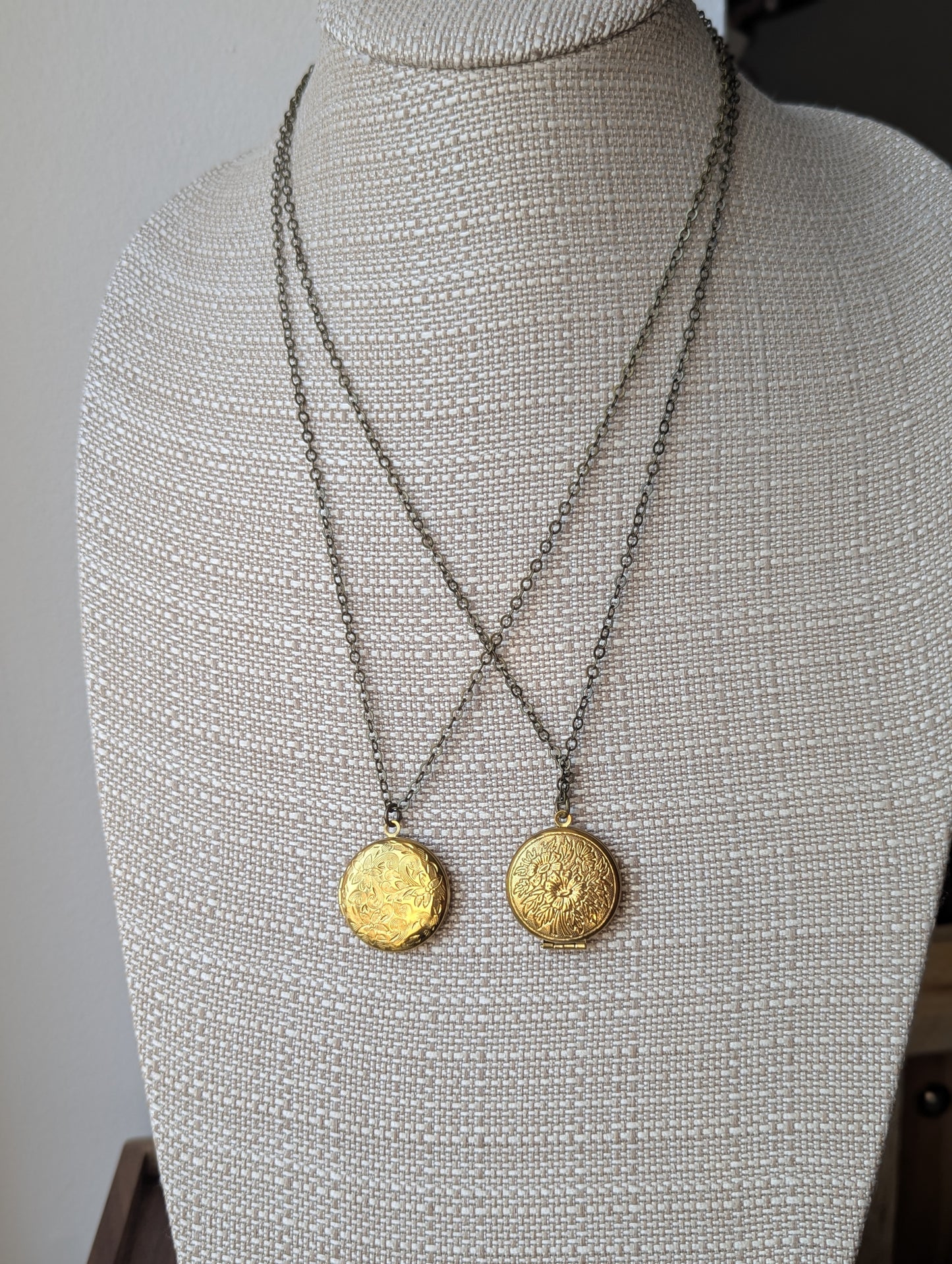 Round Floral Carved Brass Locket Necklace (various styles available)