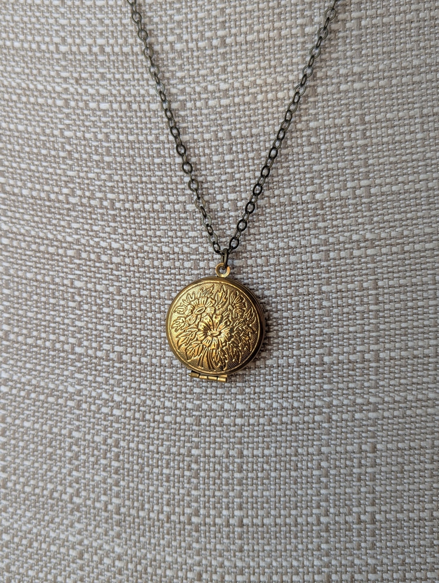 Round Floral Carved Brass Locket Necklace (various styles available)