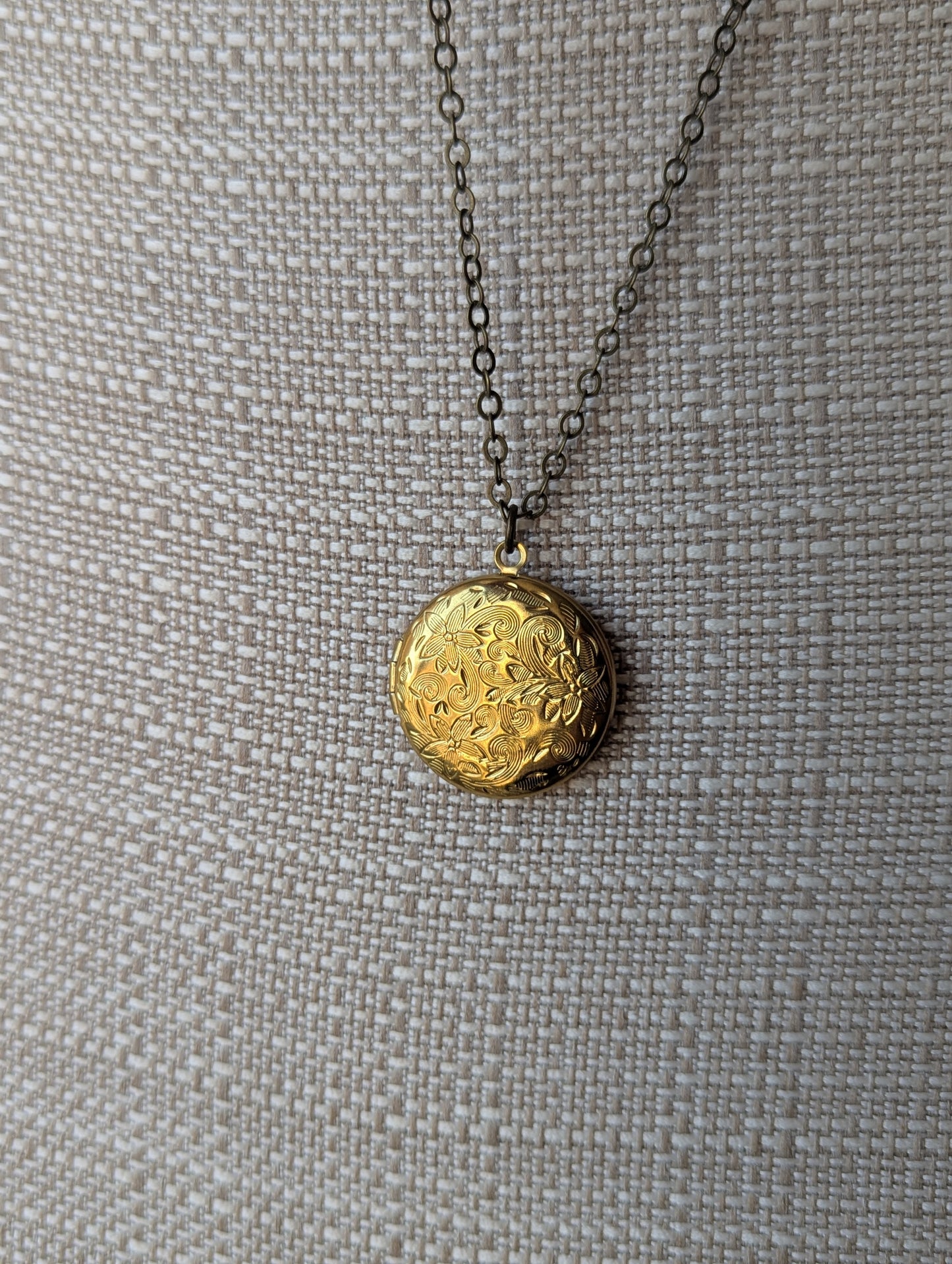 Round Floral Carved Brass Locket Necklace (various styles available)
