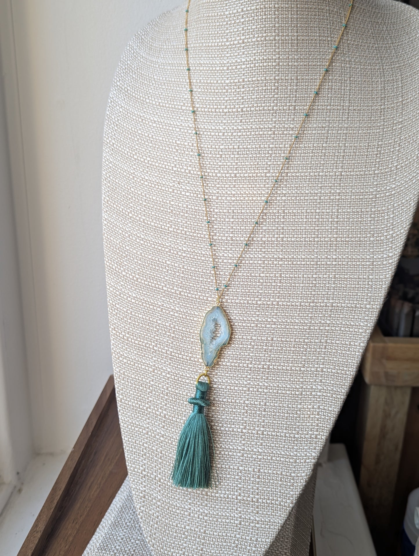 Teal Agate Slice with Tassel Gold Long Necklace