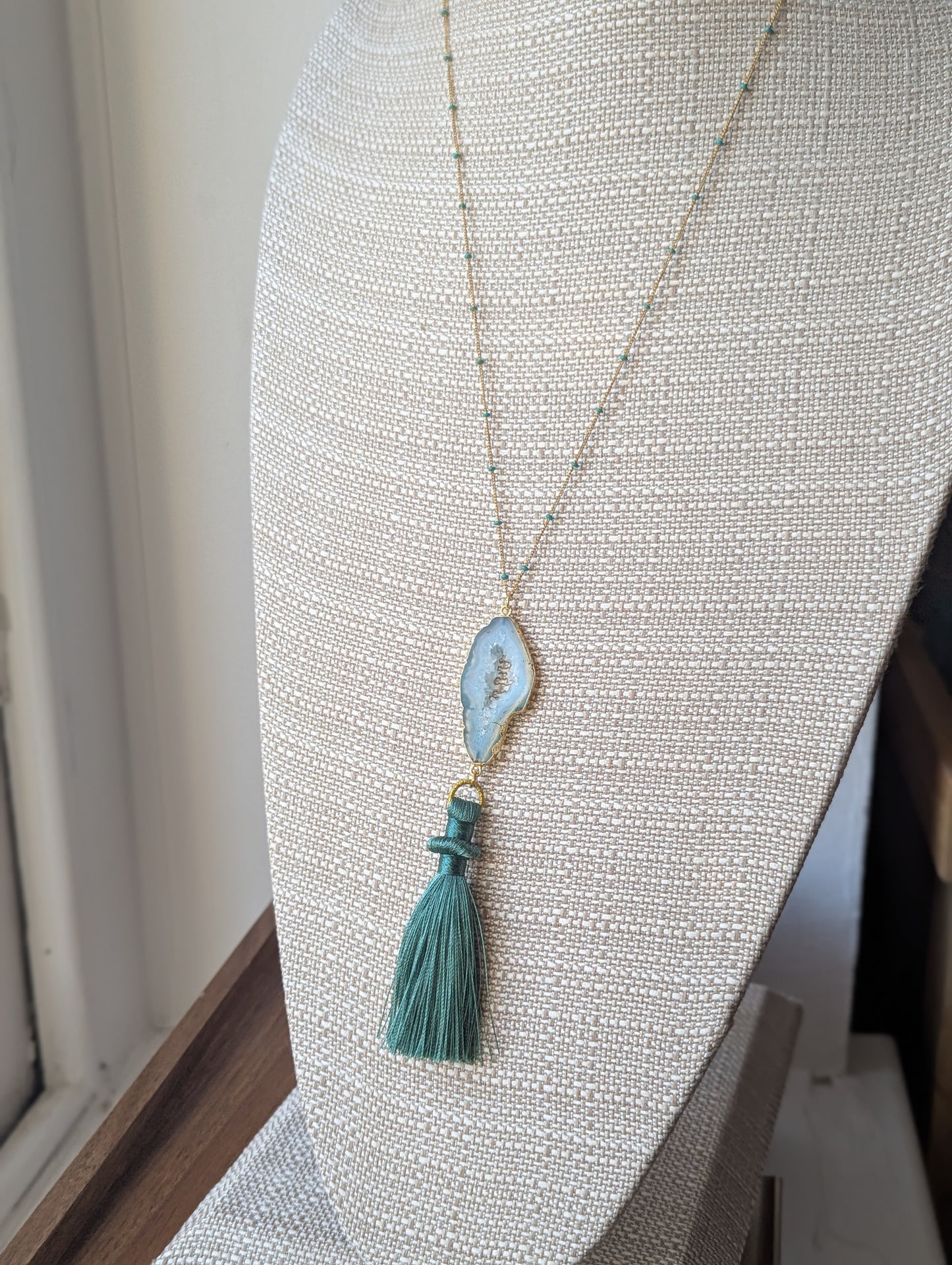 Teal Agate Slice with Tassel Gold Long Necklace