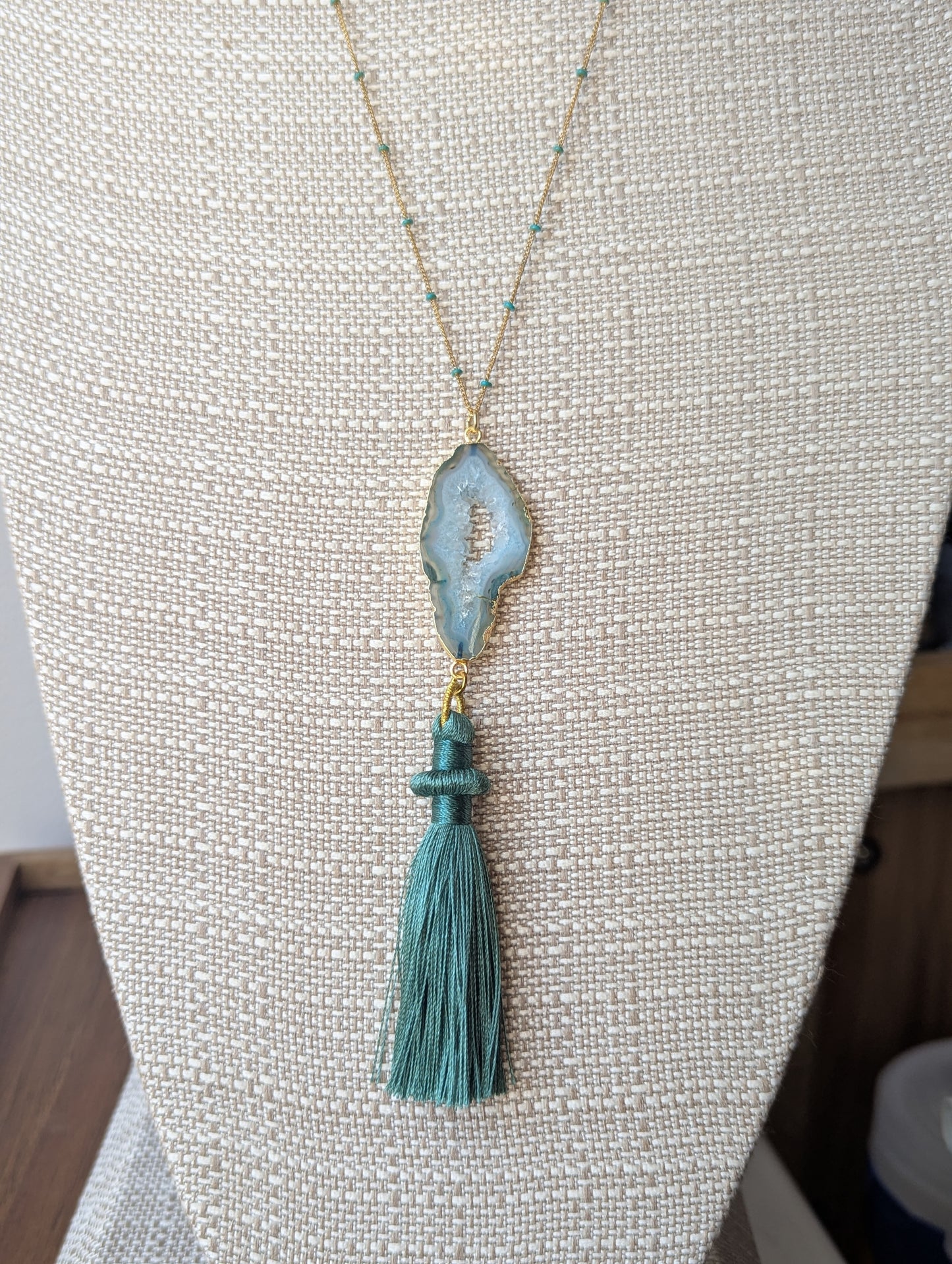Teal Agate Slice with Tassel Gold Long Necklace