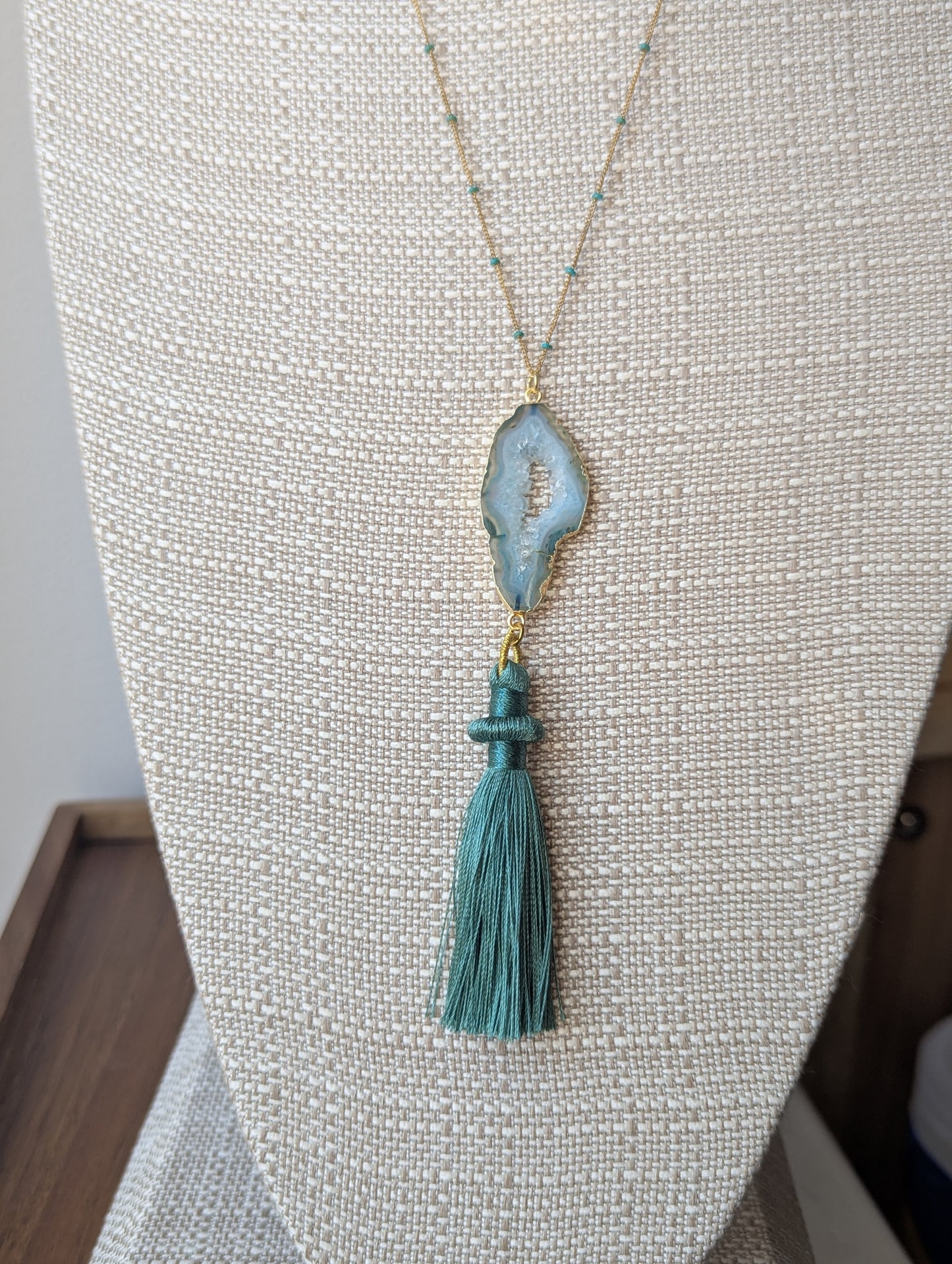 Teal Agate Slice with Tassel Gold Long Necklace