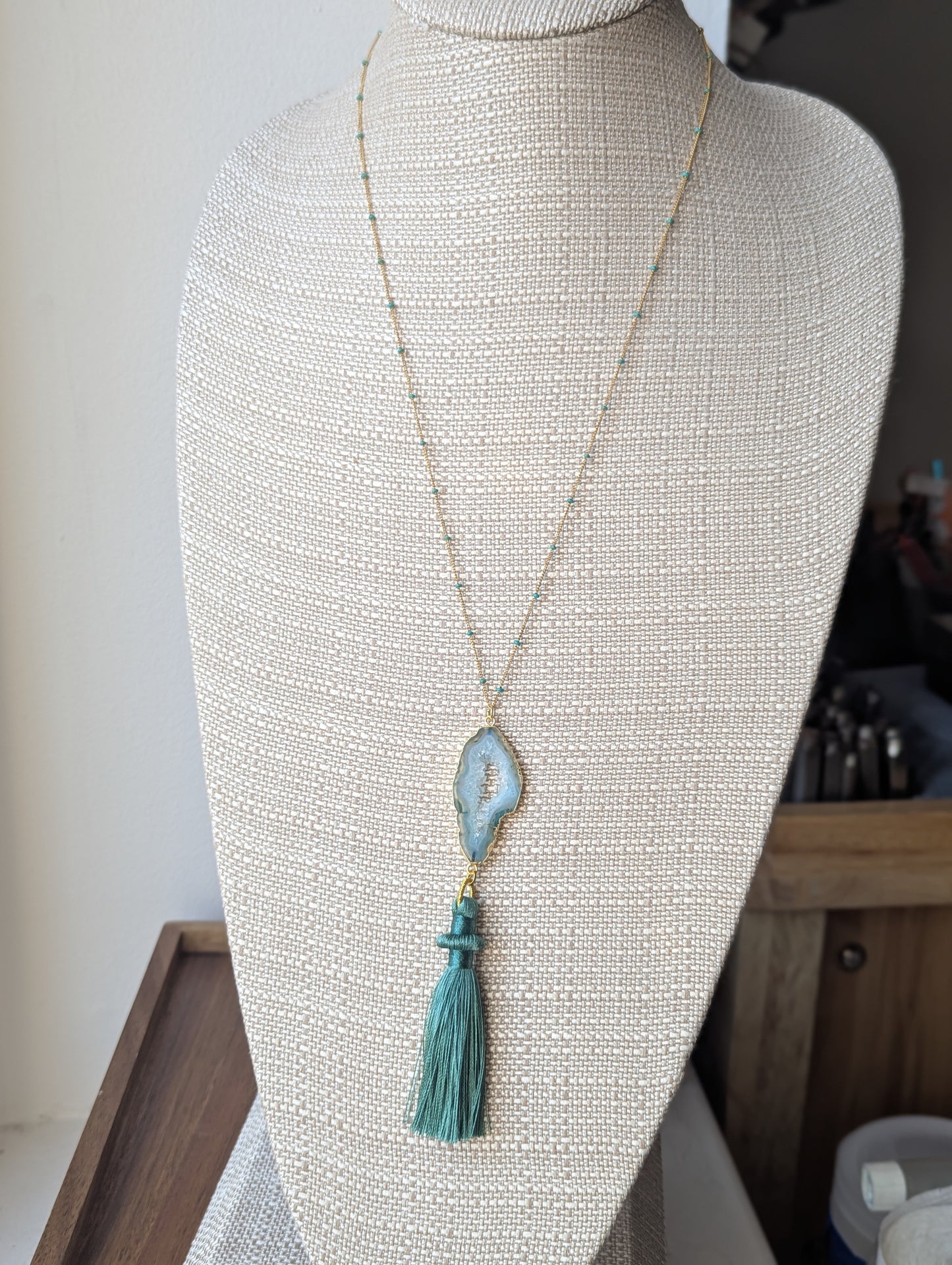 Teal Agate Slice with Tassel Gold Long Necklace