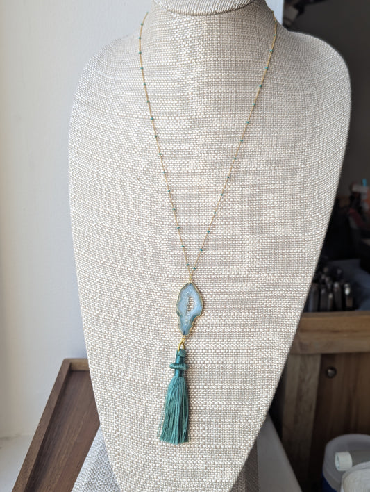 Teal Agate Slice with Tassel Gold Long Necklace