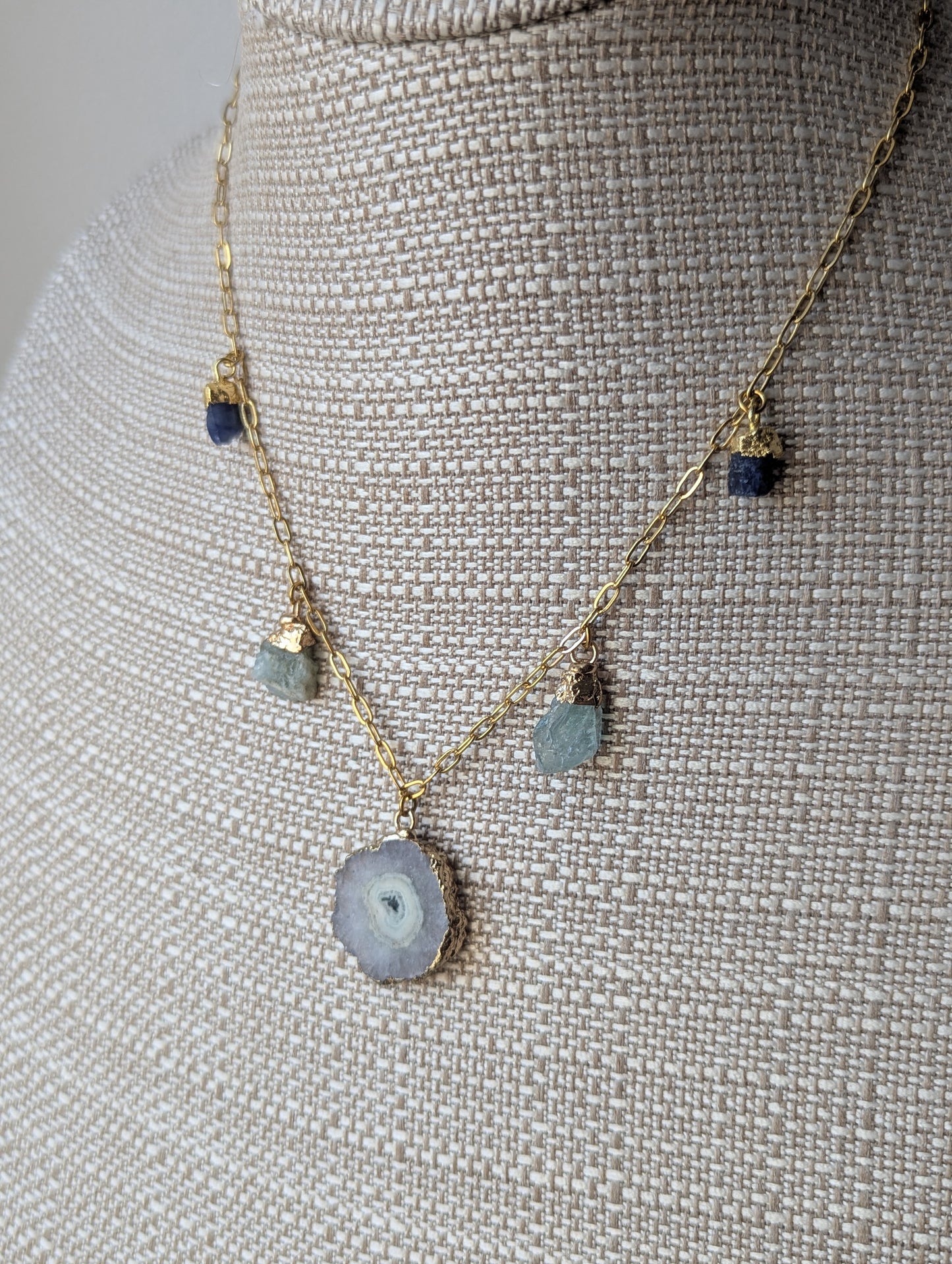 White Agate Slice with Aquamarine and Kyanite Charm necklace