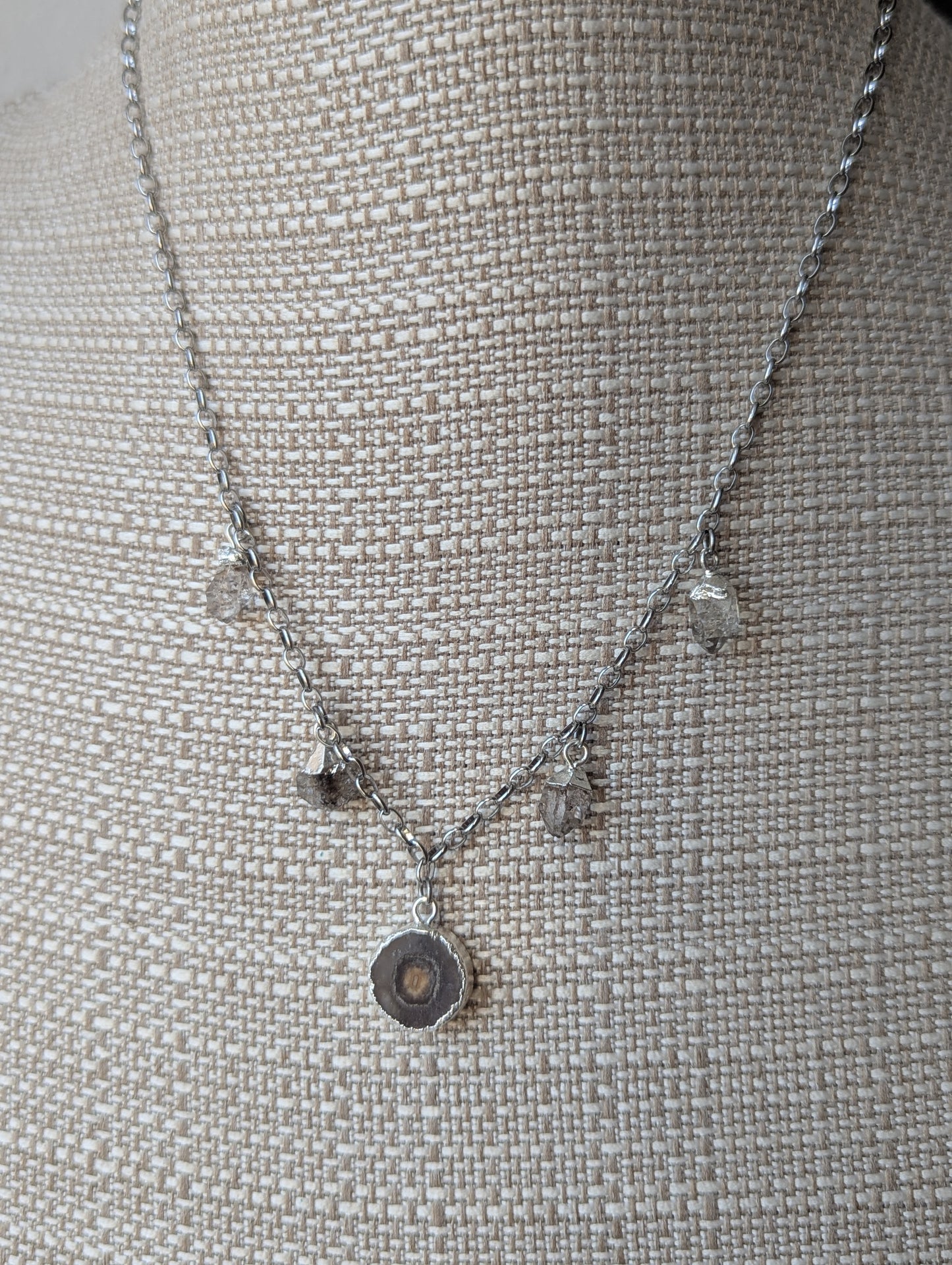 Agate and Herkimer Diamond Gemstone Silver Charm Necklace