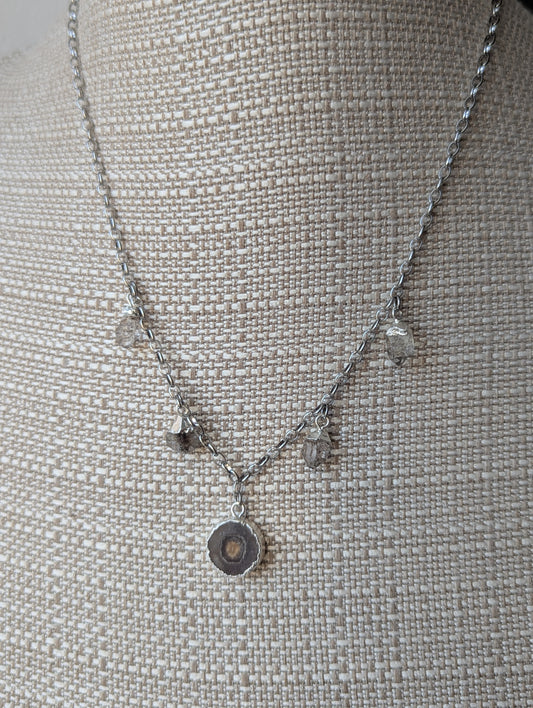Agate and Herkimer Diamond Gemstone Silver Charm Necklace