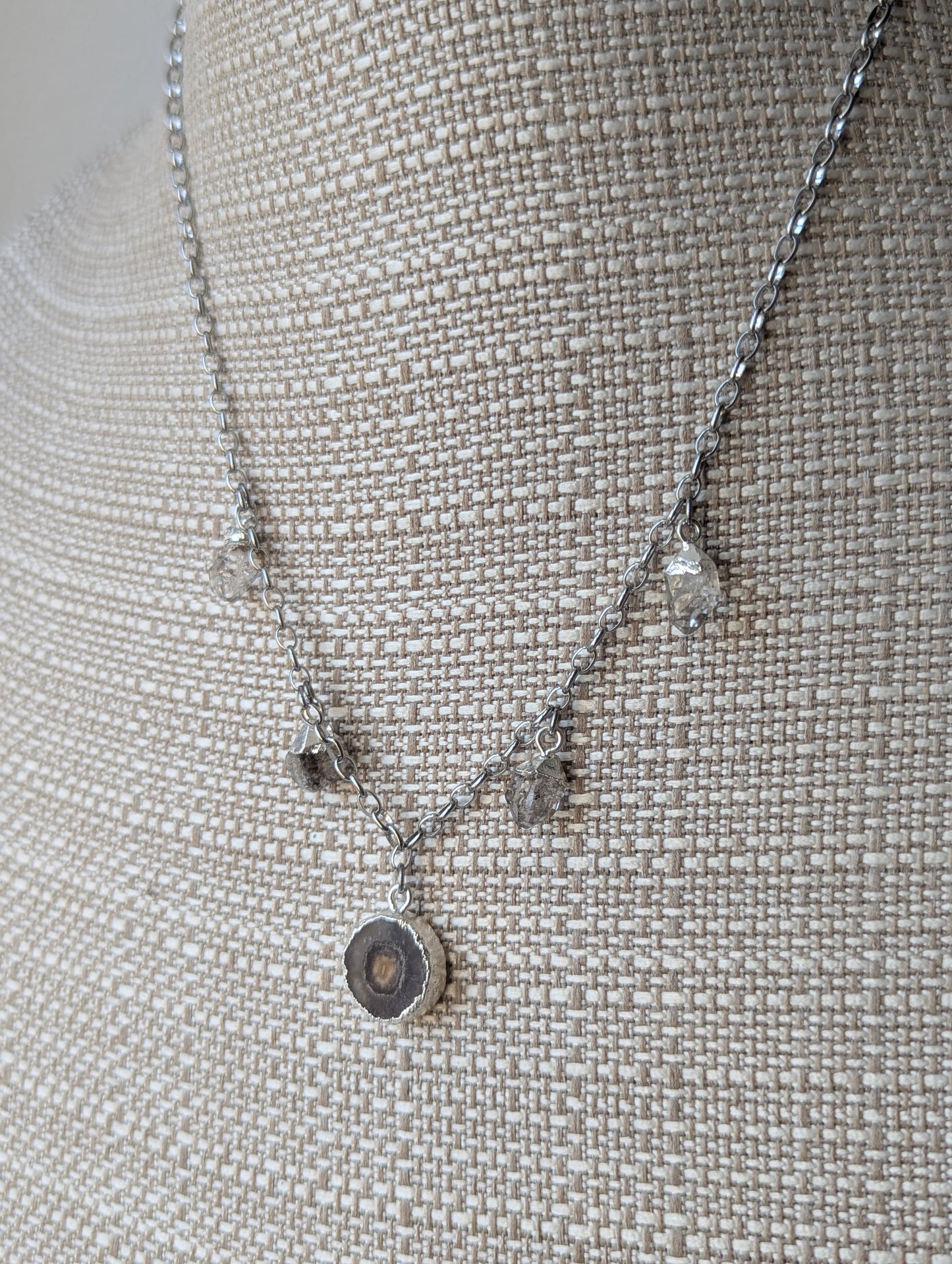 Agate and Herkimer Diamond Gemstone Silver Charm Necklace