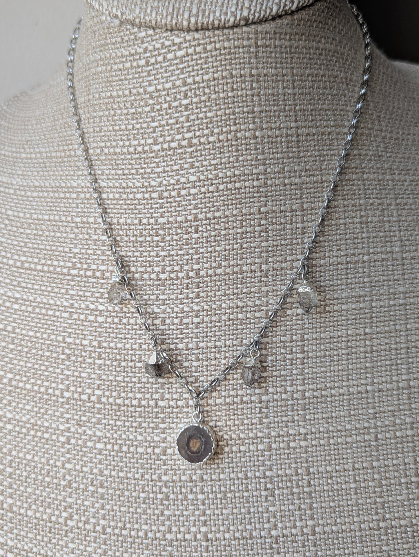 Agate and Herkimer Diamond Gemstone Silver Charm Necklace