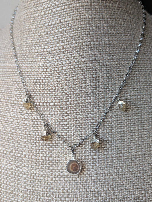 Golden Brown Agate Slice and Citrine charm necklace