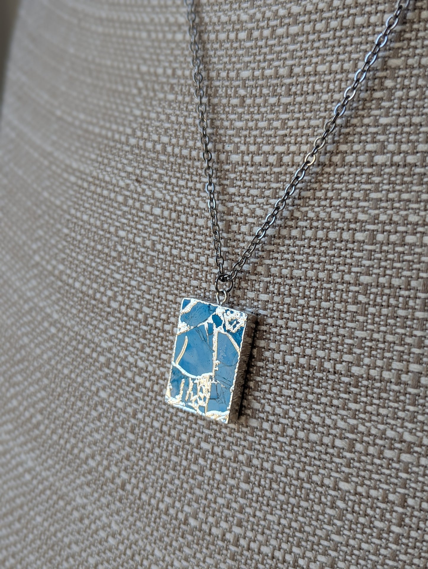 Light Blue Mosaic Silver Rectangle Necklace