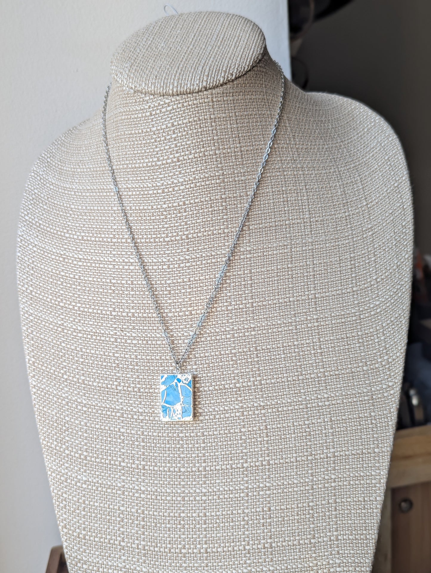 Light Blue Mosaic Silver Rectangle Necklace