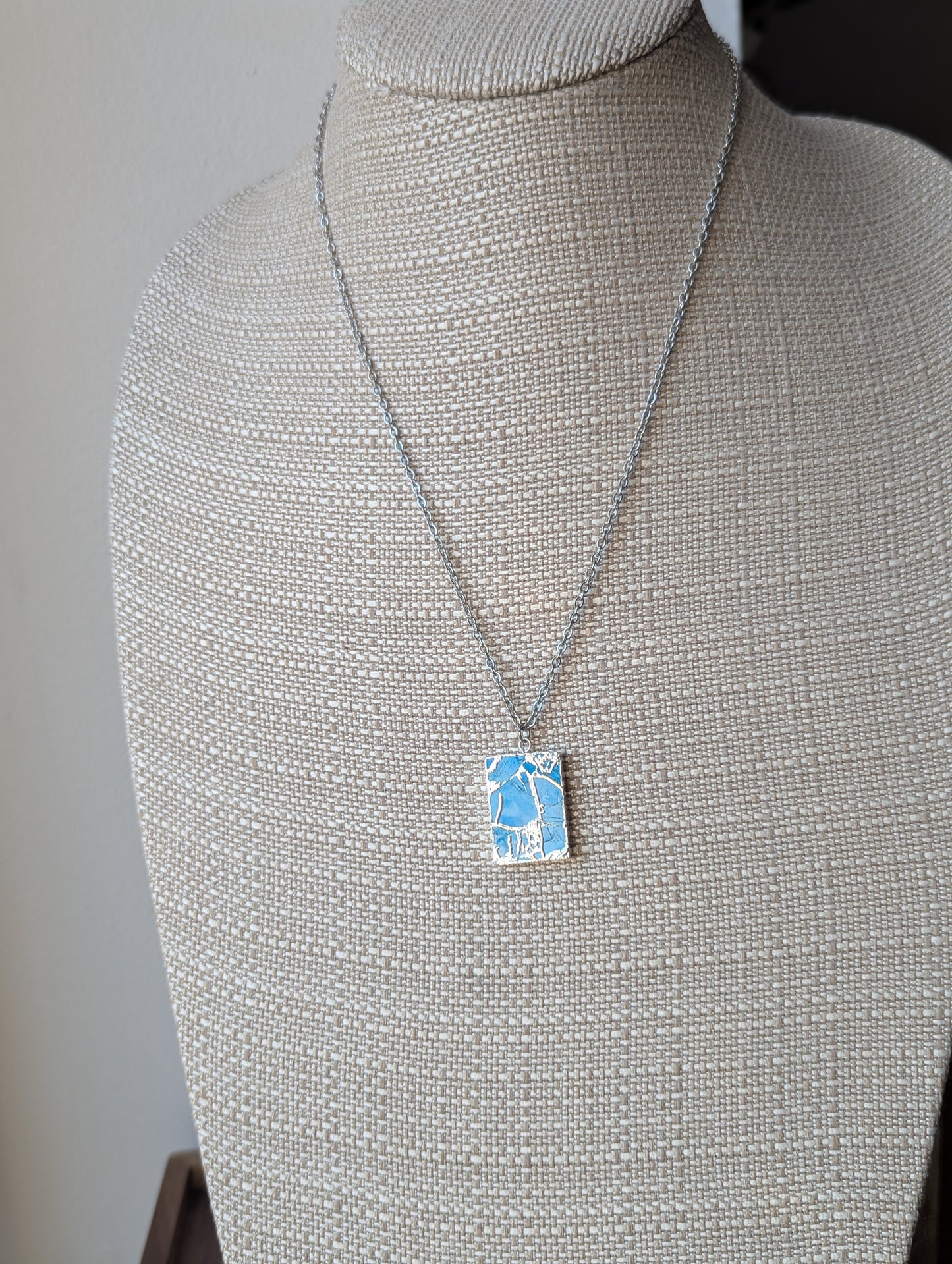 Light Blue Mosaic Silver Rectangle Necklace