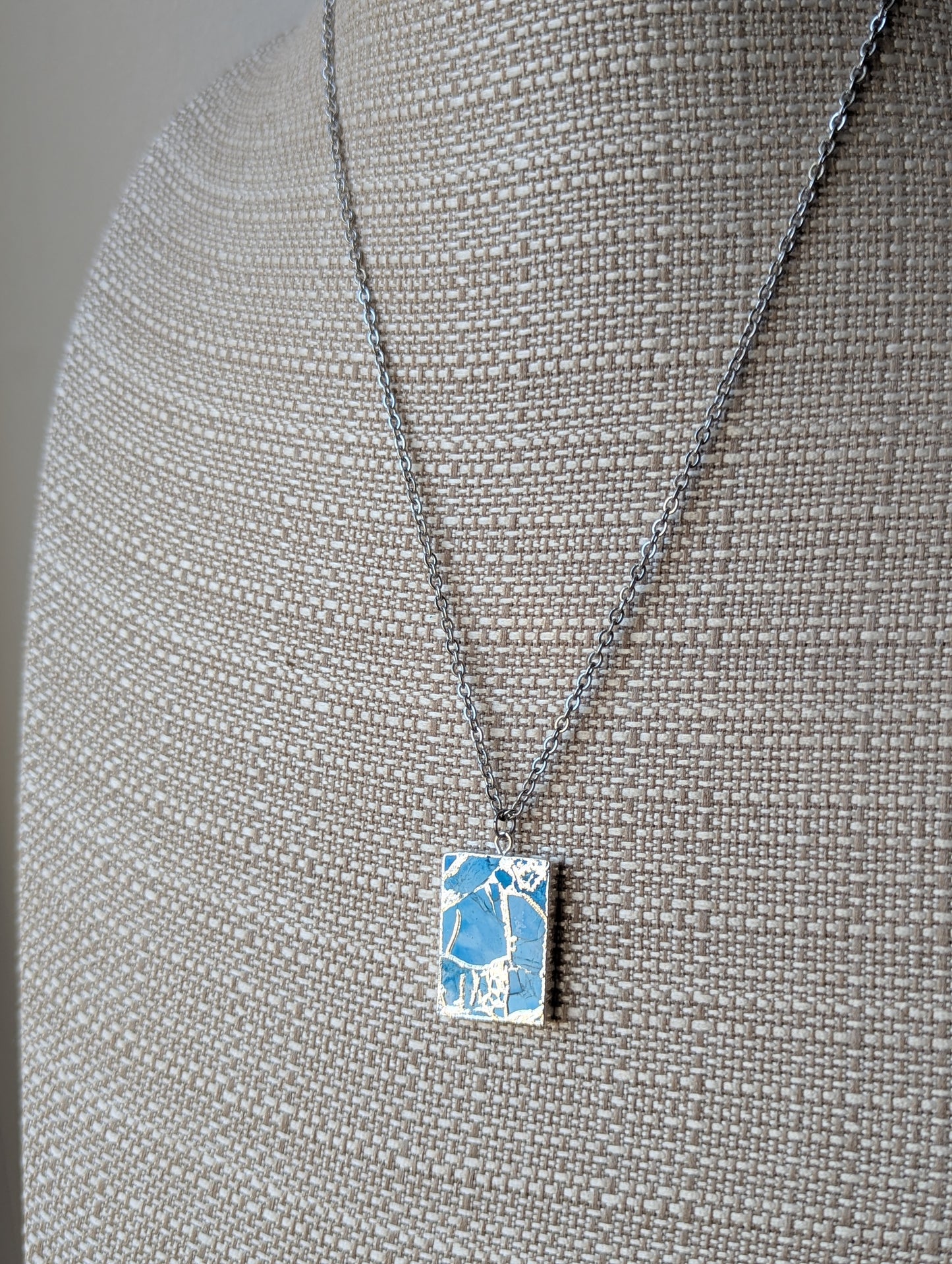 Light Blue Mosaic Silver Rectangle Necklace