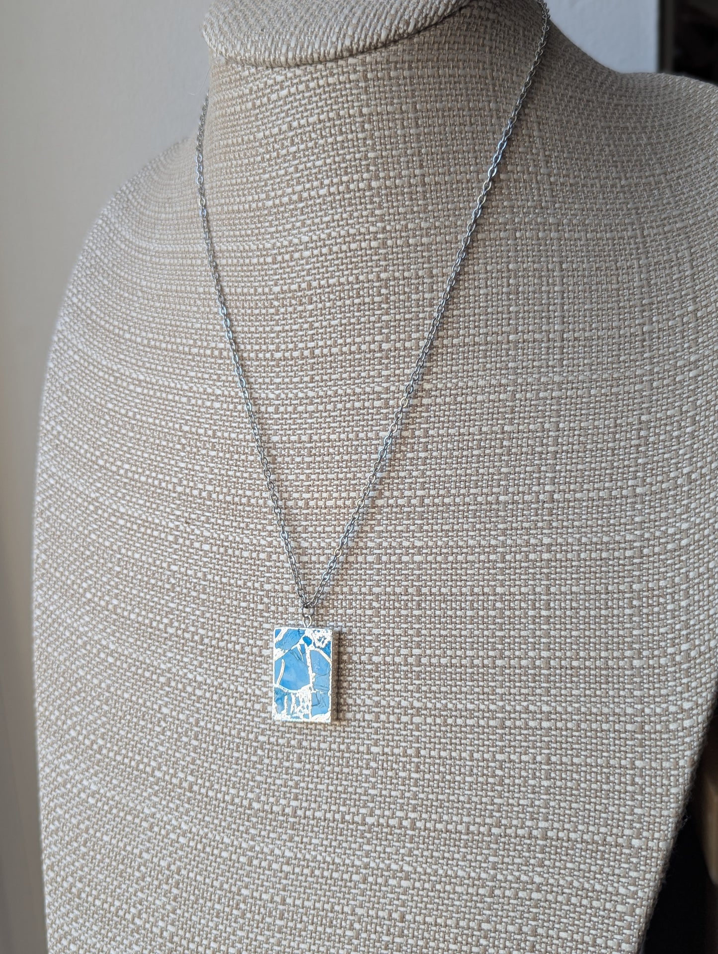 Light Blue Mosaic Silver Rectangle Necklace
