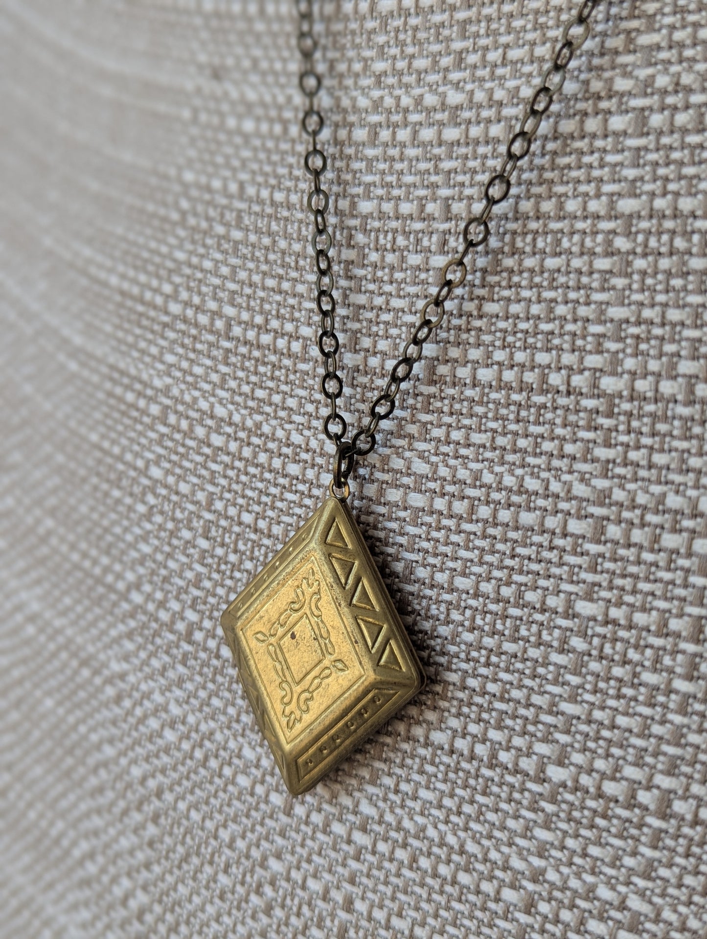 Carved Diamond Shaped Brass Locket Necklace