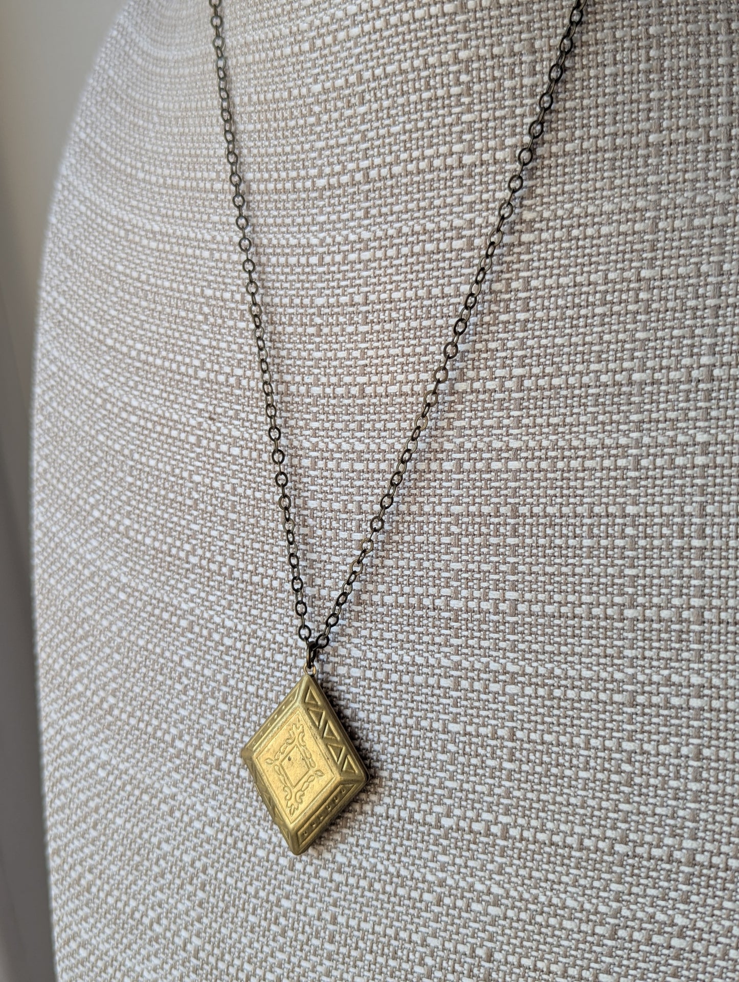 Carved Diamond Shaped Brass Locket Necklace