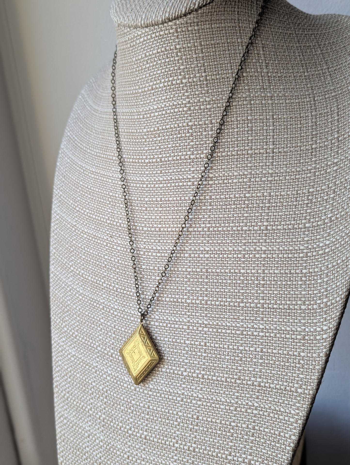 Carved Diamond Shaped Brass Locket Necklace