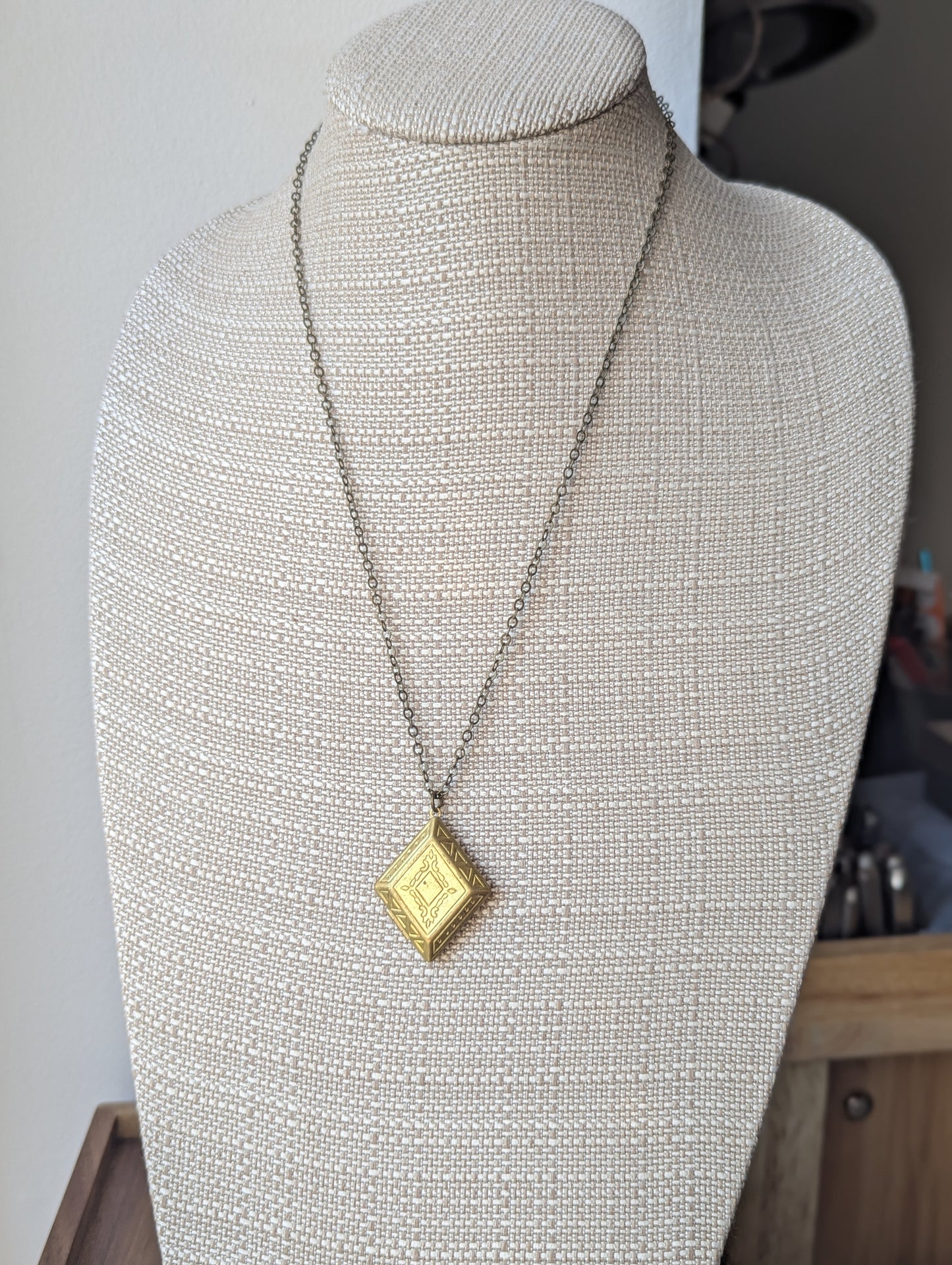 Carved Diamond Shaped Brass Locket Necklace
