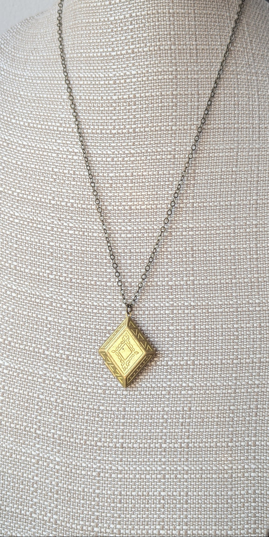 Carved Diamond Shaped Brass Locket Necklace