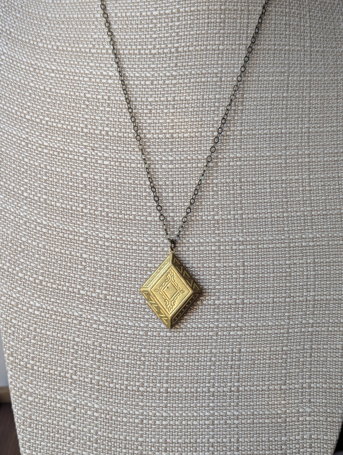 Carved Diamond Shaped Brass Locket Necklace