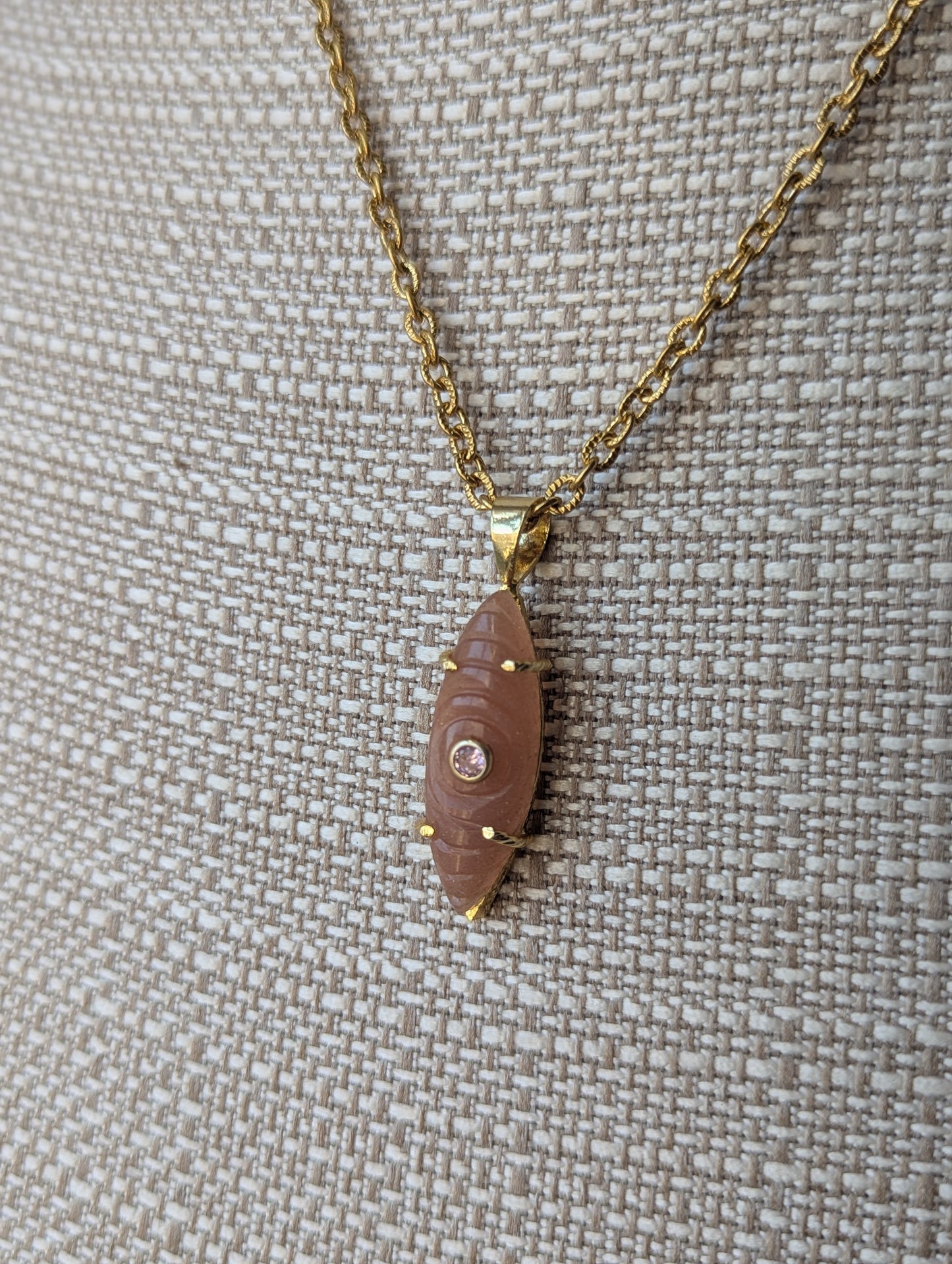 Carved Marquise Peach Moonstone CZ Cystal Gold Necklace