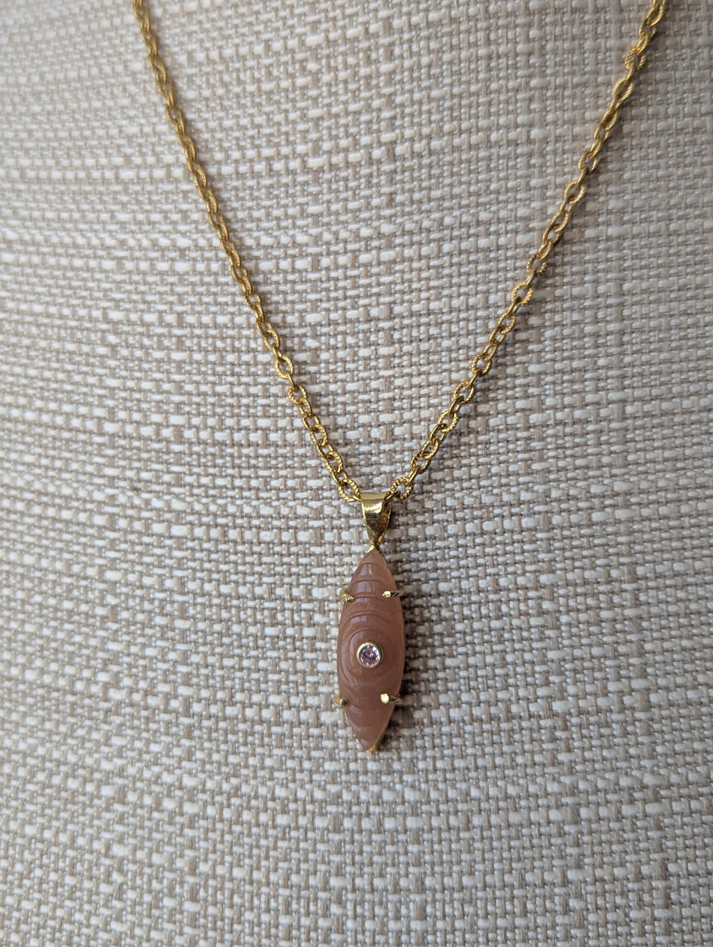 Carved Marquise Peach Moonstone CZ Cystal Gold Necklace