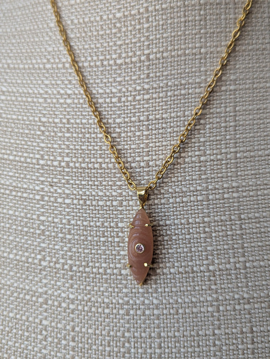 Carved Marquise Peach Moonstone CZ Cystal Gold Necklace
