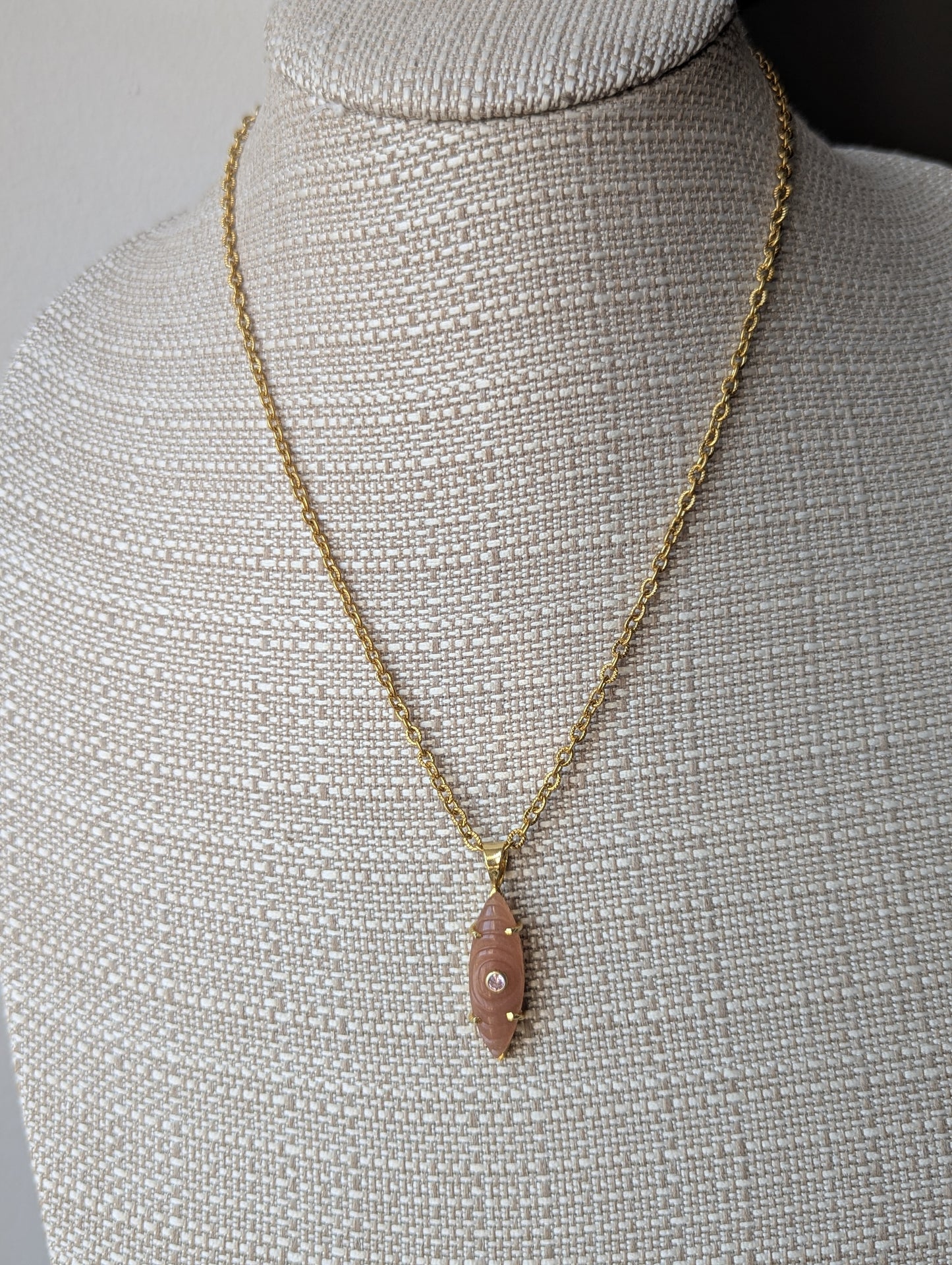 Carved Marquise Peach Moonstone CZ Cystal Gold Necklace