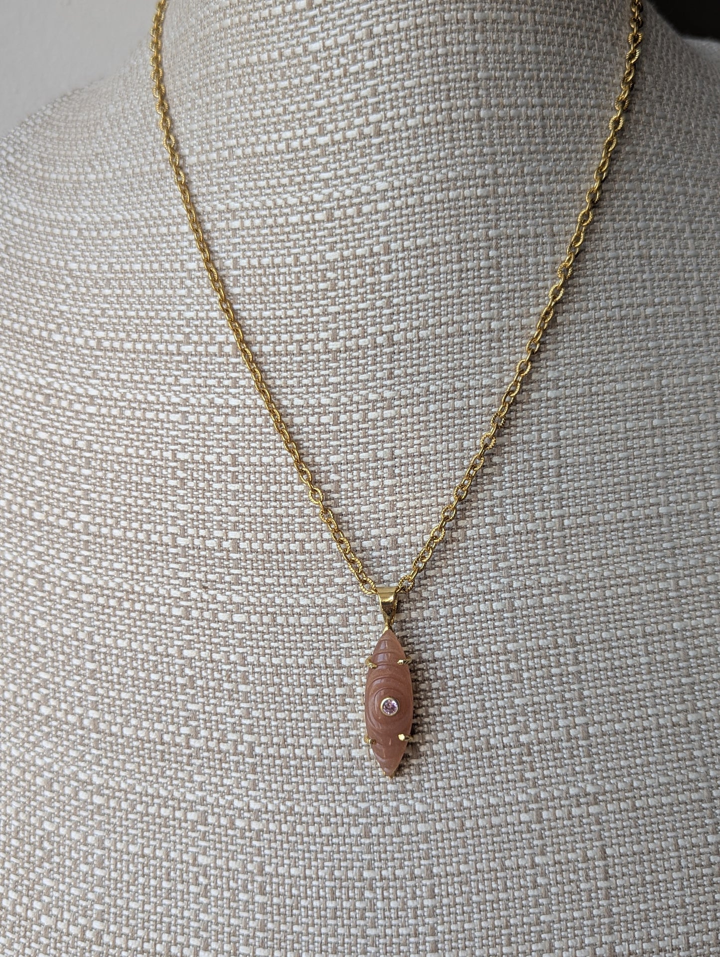 Carved Marquise Peach Moonstone CZ Cystal Gold Necklace