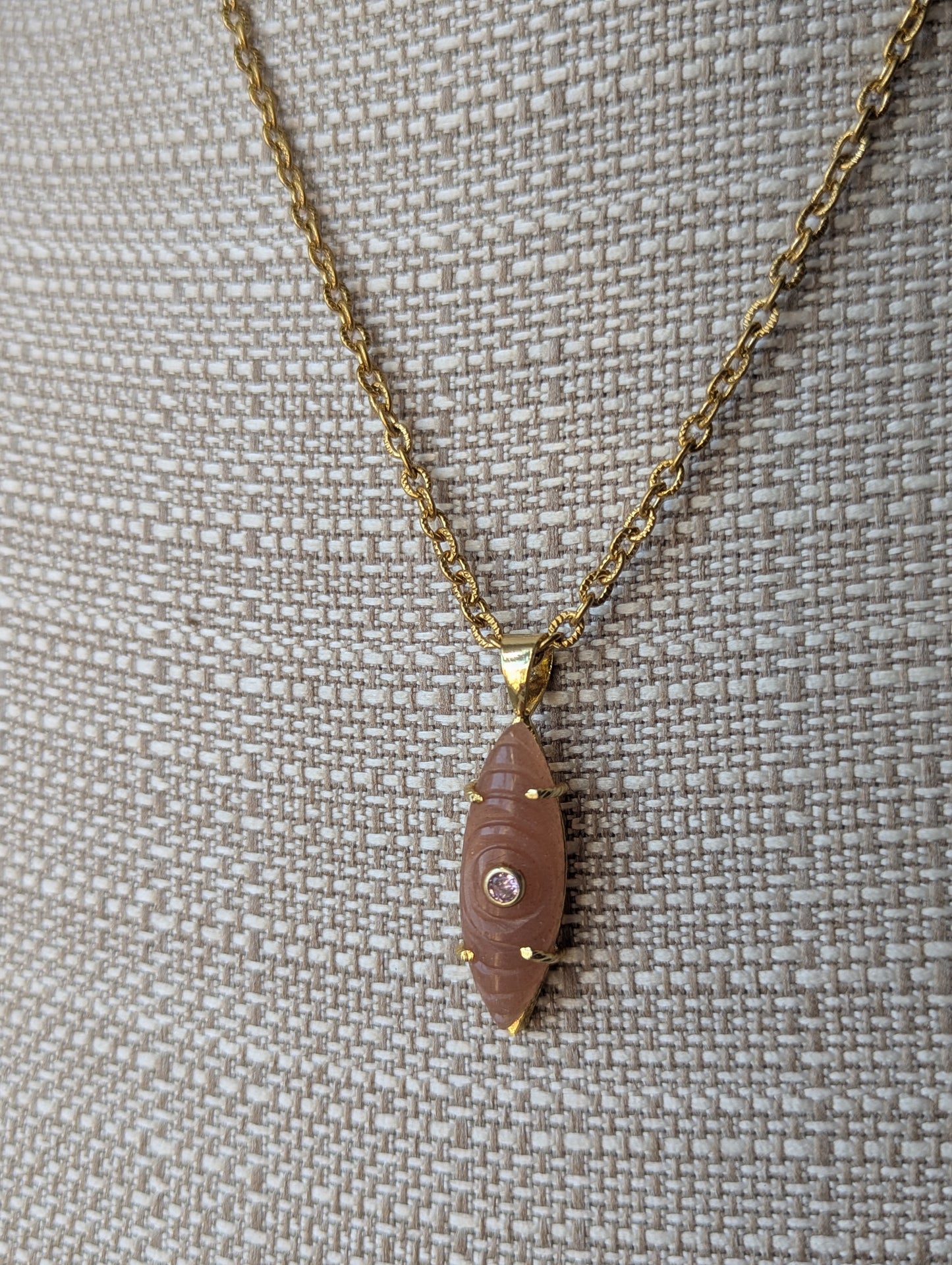 Carved Marquise Peach Moonstone CZ Cystal Gold Necklace