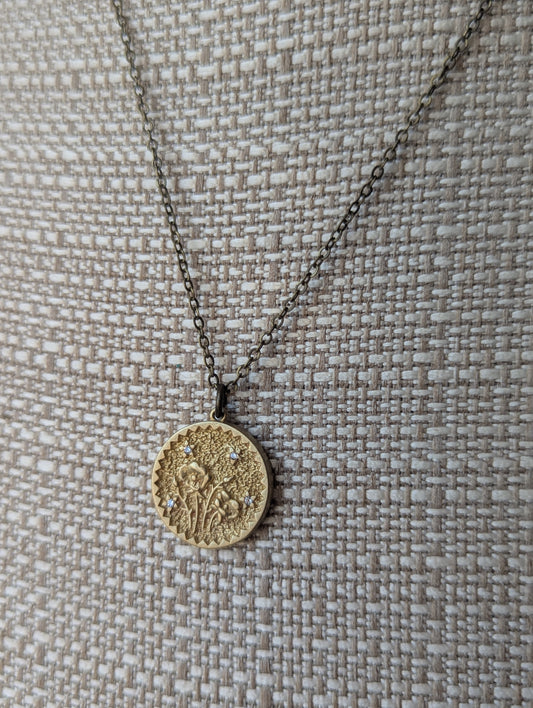 Brass CZ Crystal Flower Pressed Necklace