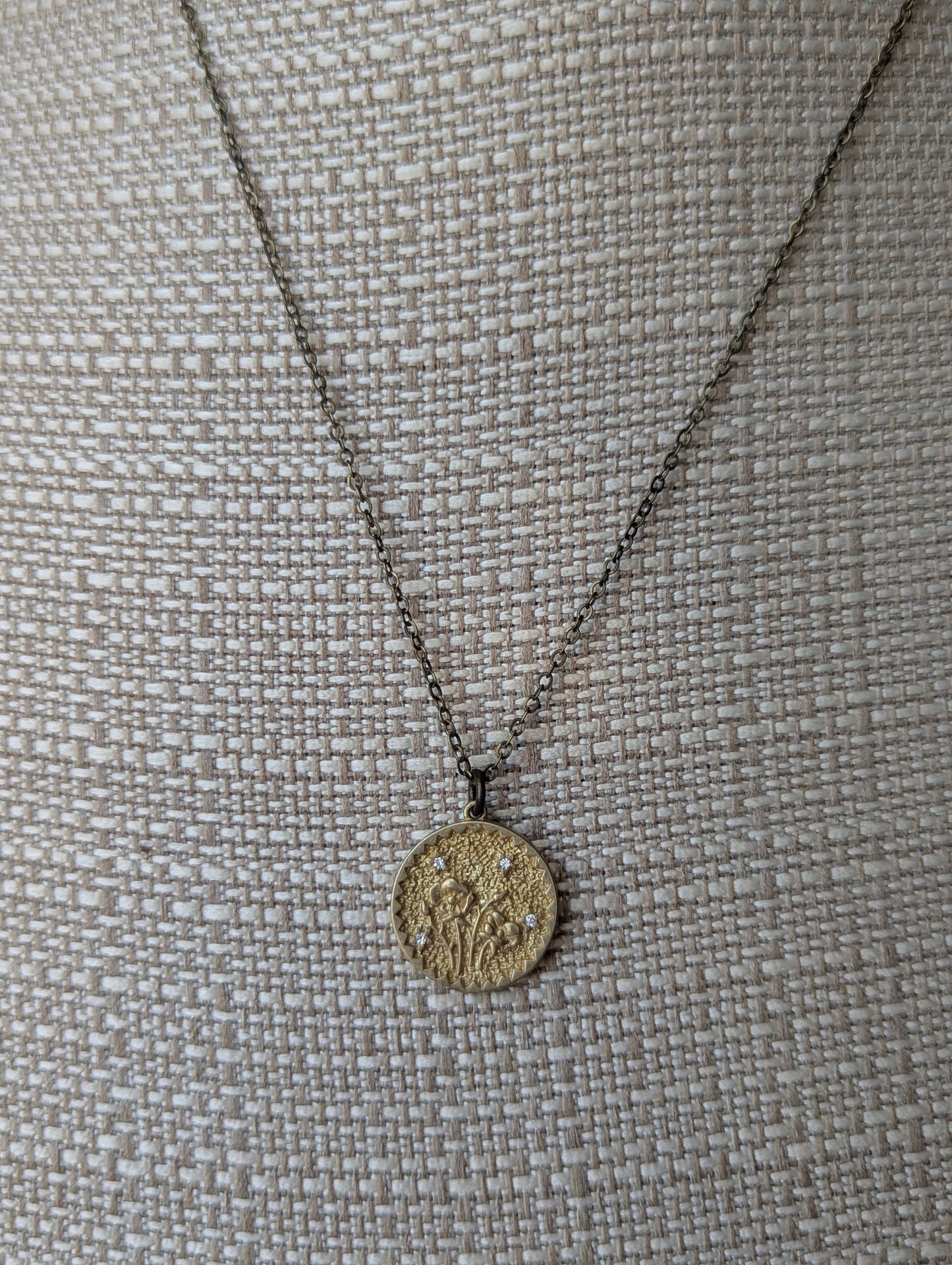 Brass CZ Crystal Flower Pressed Necklace