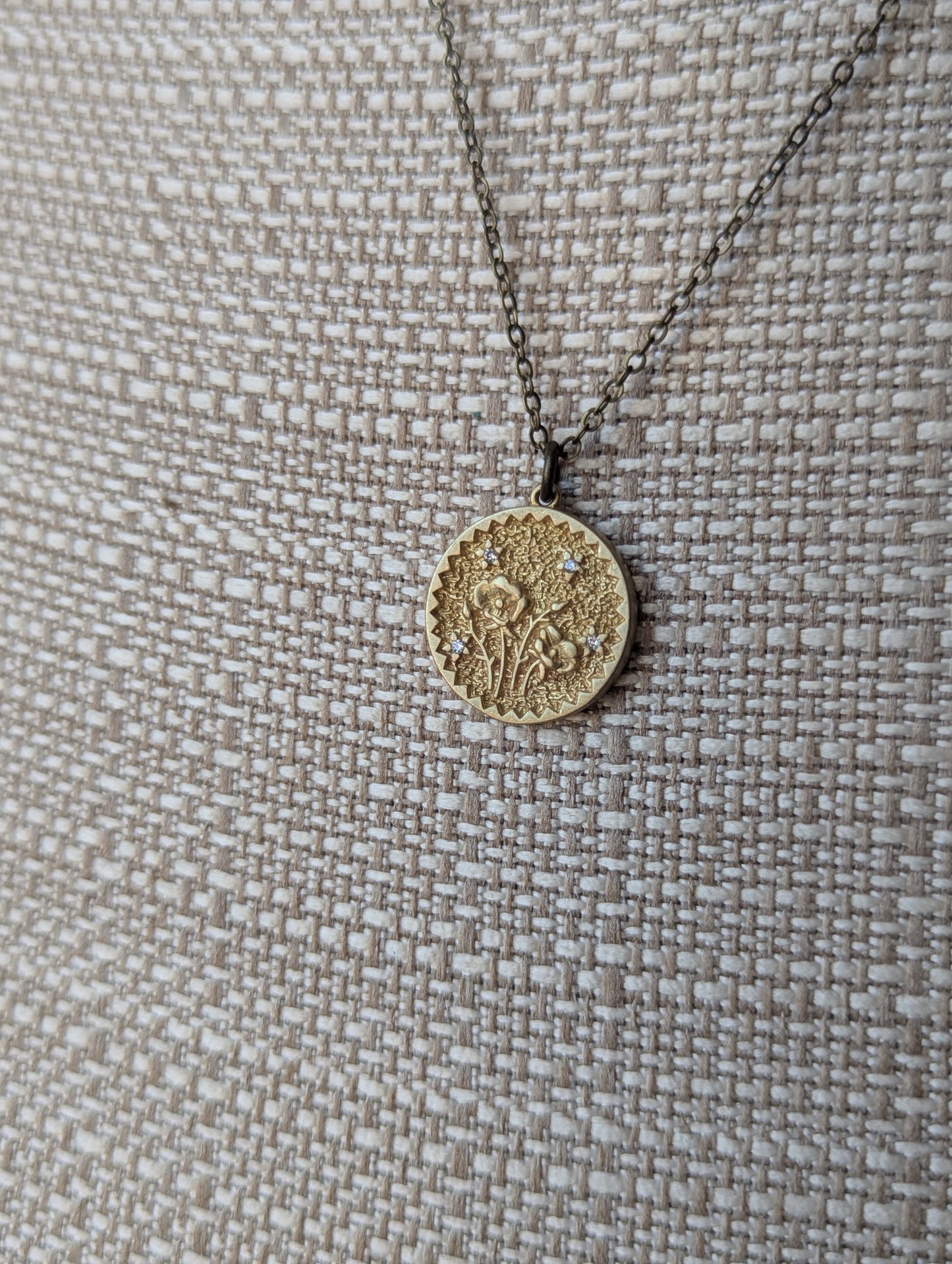 Brass CZ Crystal Flower Pressed Necklace