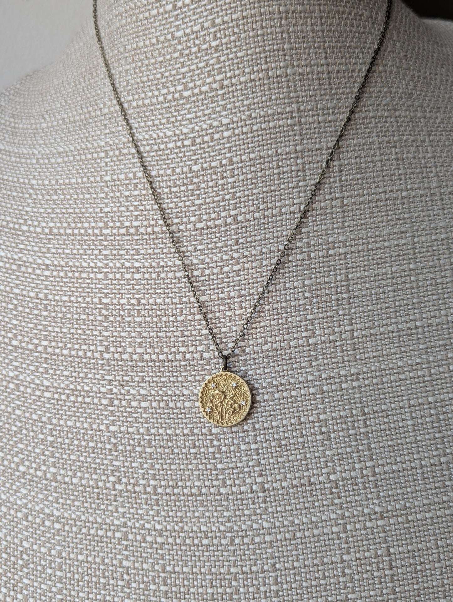 Brass CZ Crystal Flower Pressed Necklace