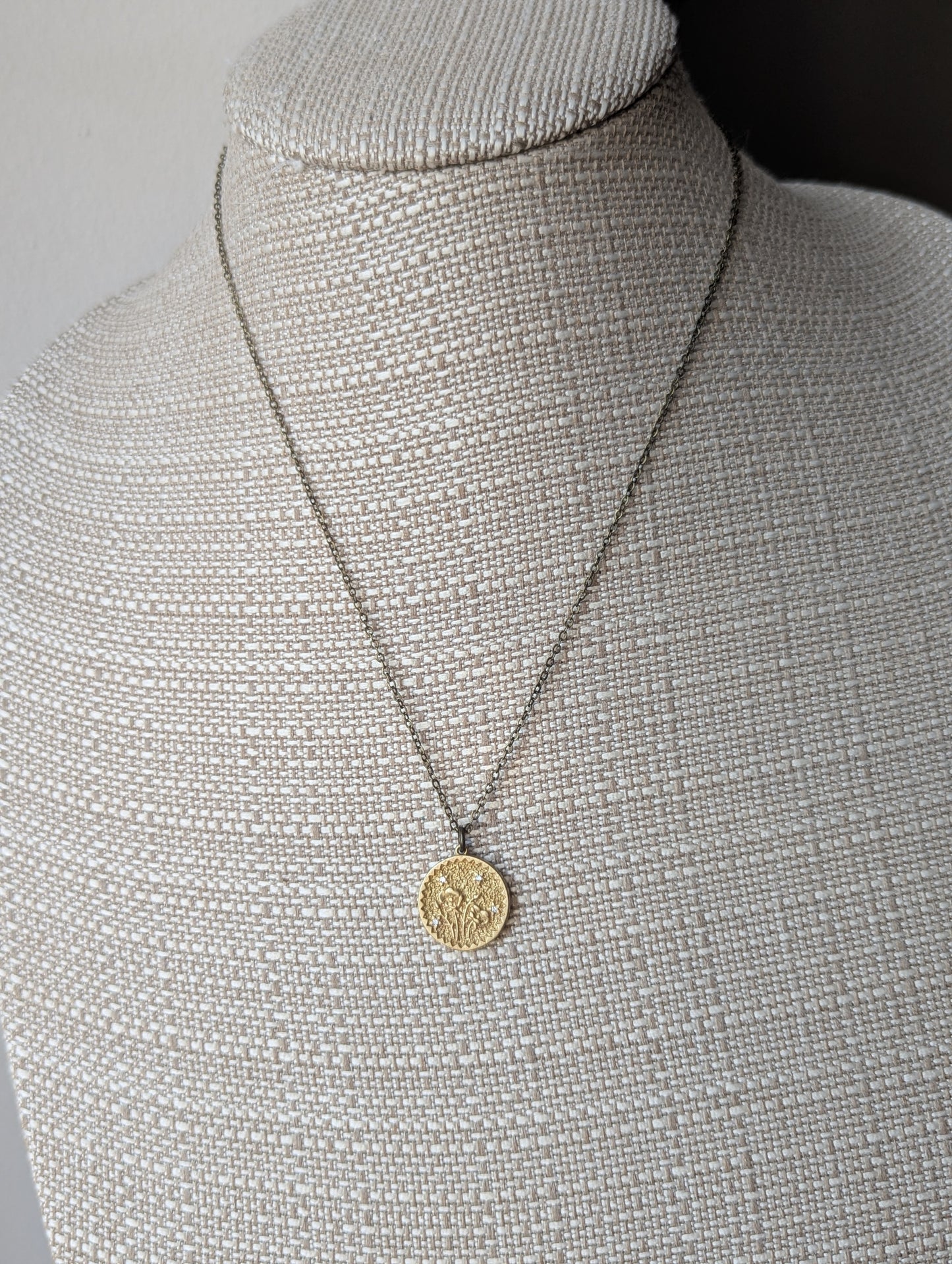 Brass CZ Crystal Flower Pressed Necklace