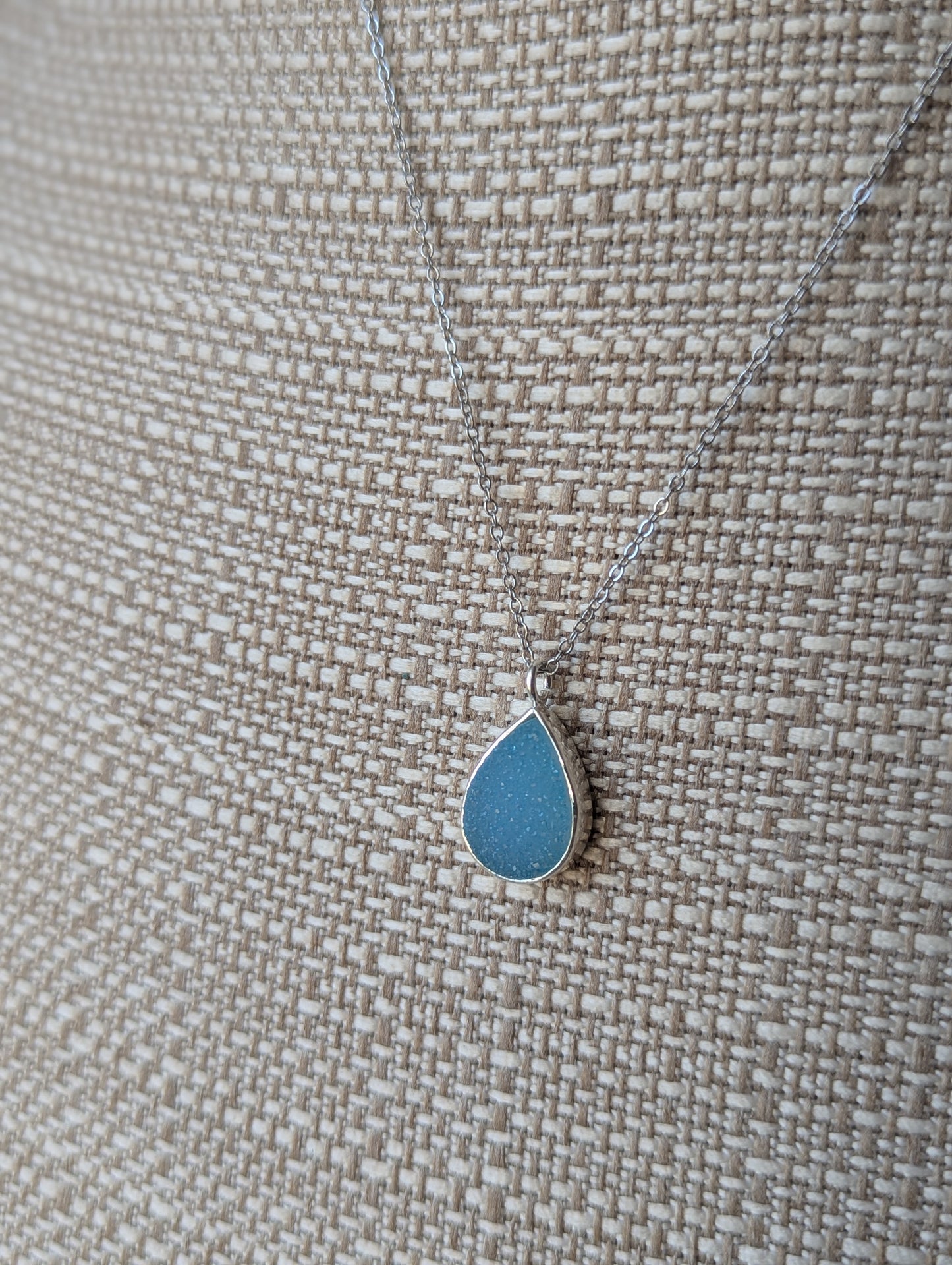 Sky Blue Druzy Tear Drop Silver Necklace