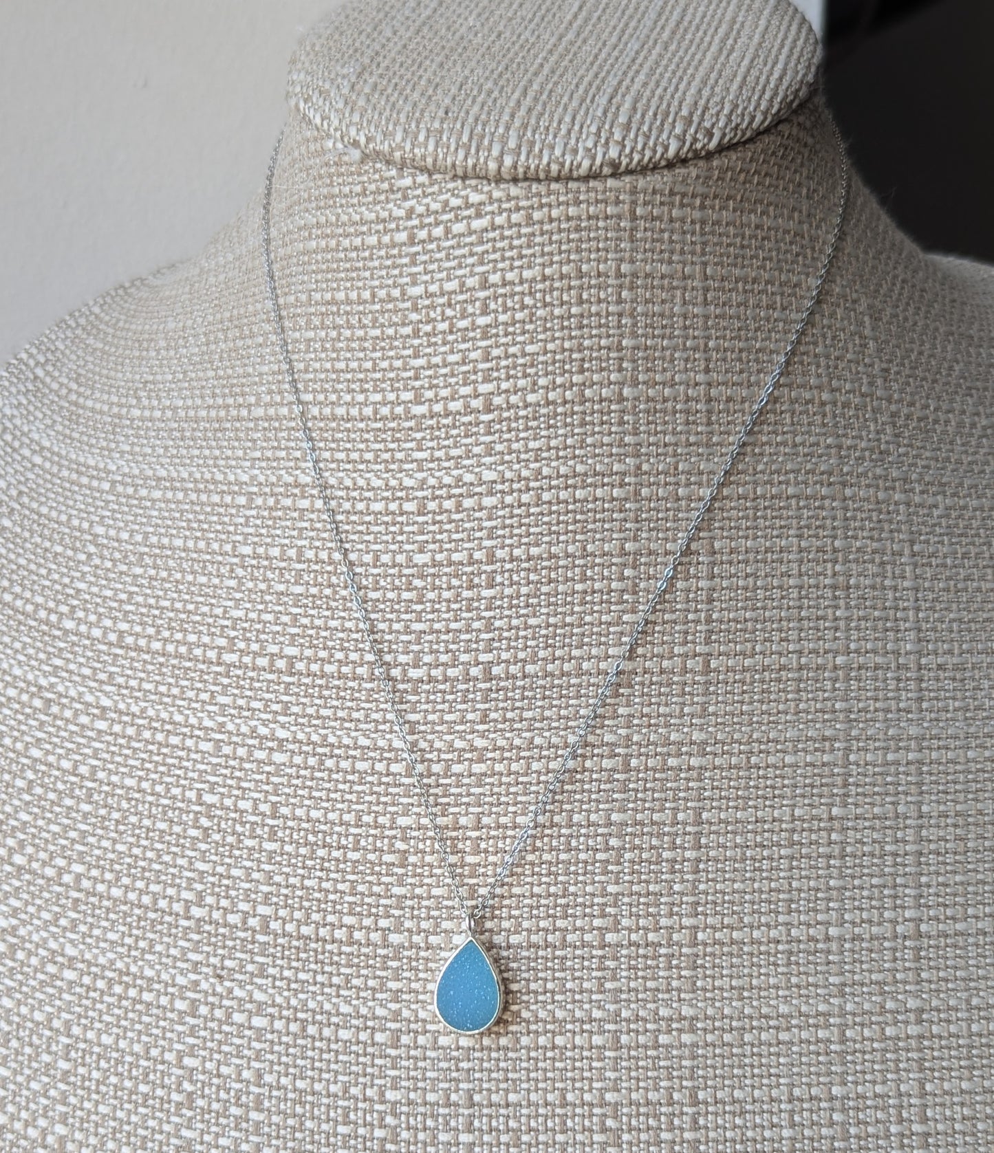 Sky Blue Druzy Tear Drop Silver Necklace