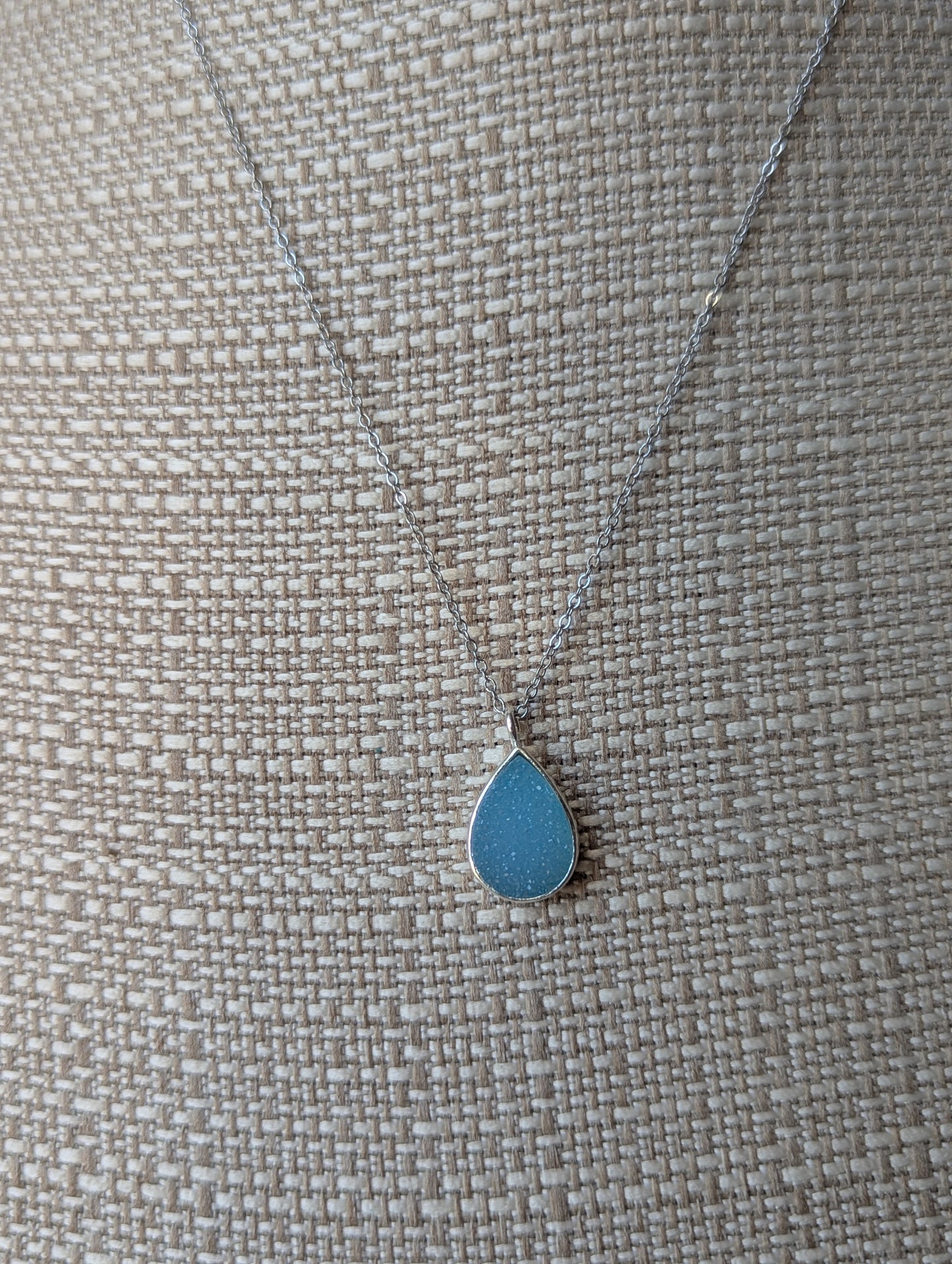 Sky Blue Druzy Tear Drop Silver Necklace
