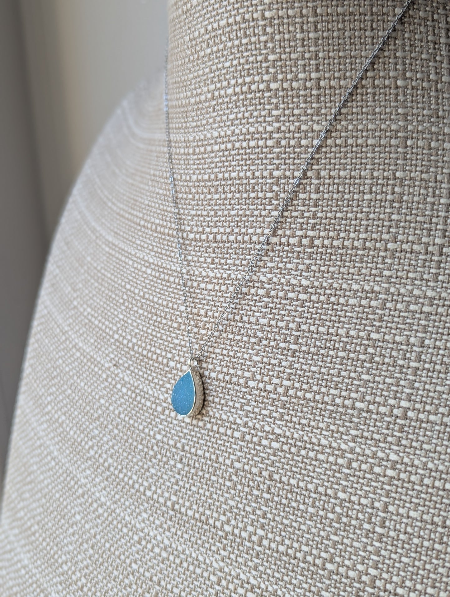 Sky Blue Druzy Tear Drop Silver Necklace