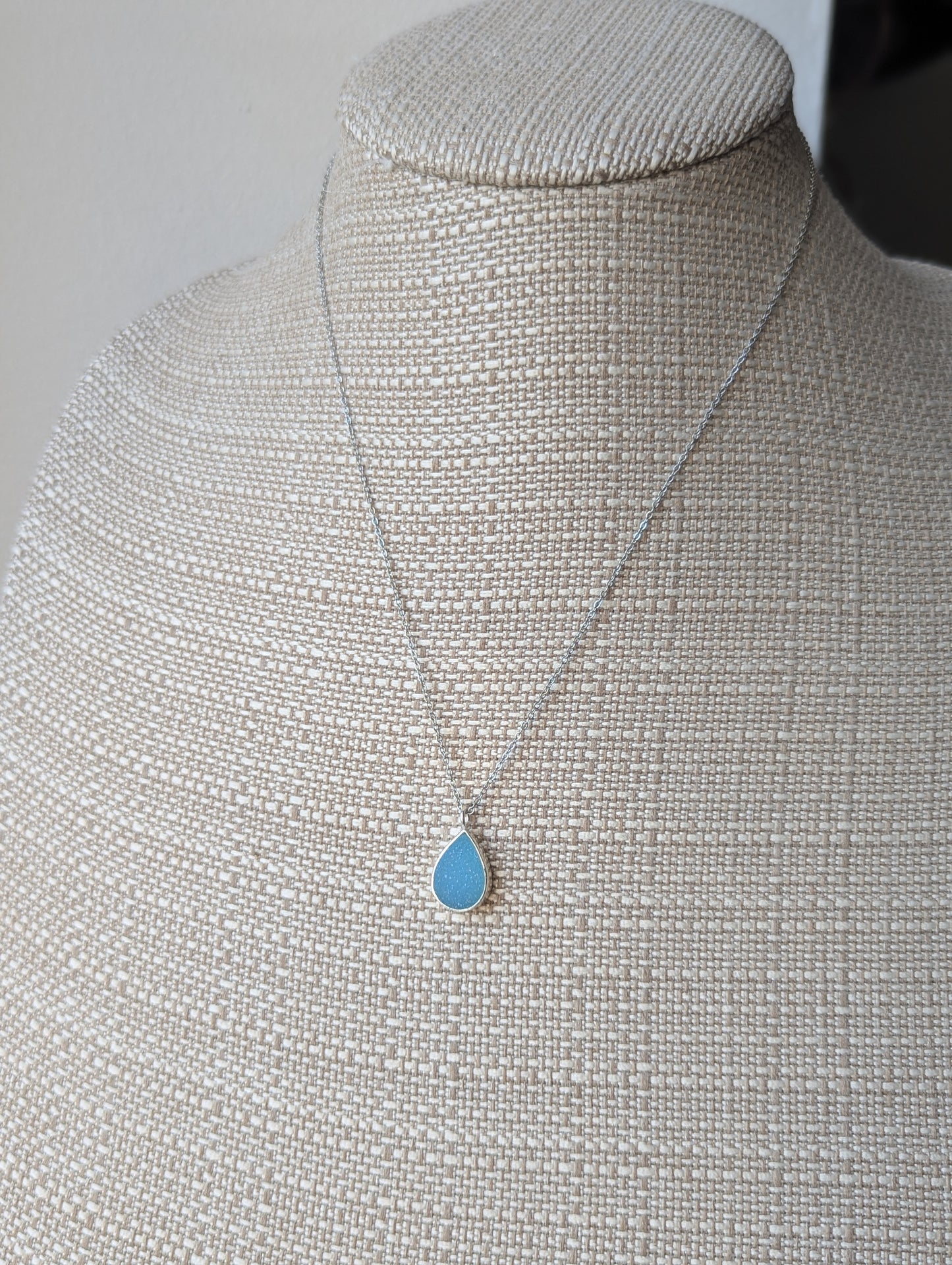 Sky Blue Druzy Tear Drop Silver Necklace