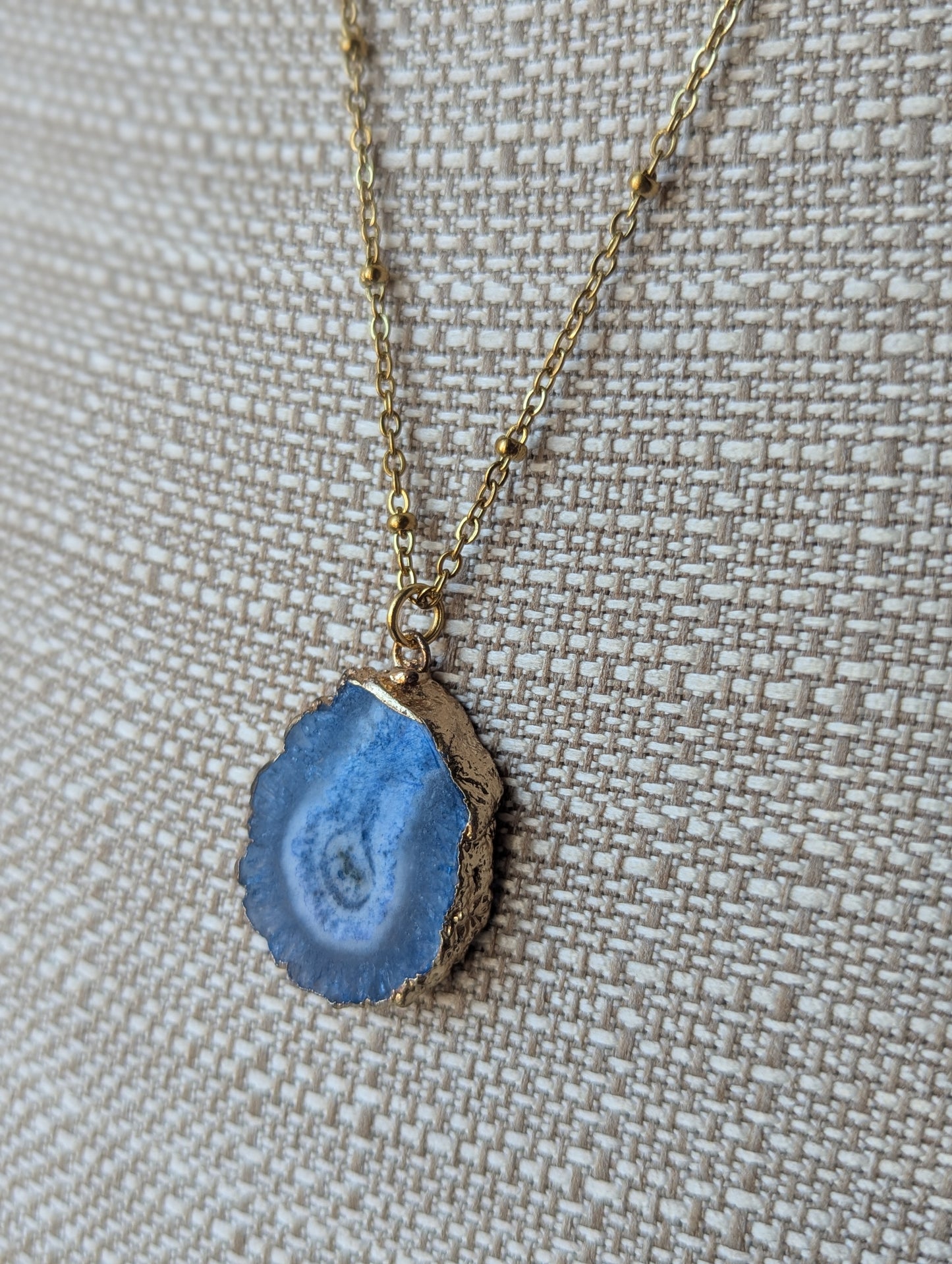 Blue Agate Slice Gold Long Necklace