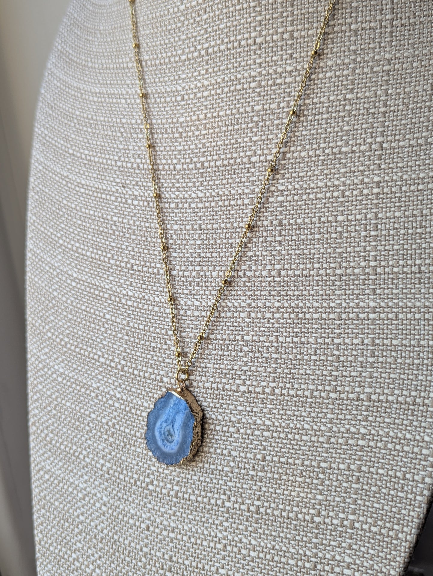Blue Agate Slice Gold Long Necklace