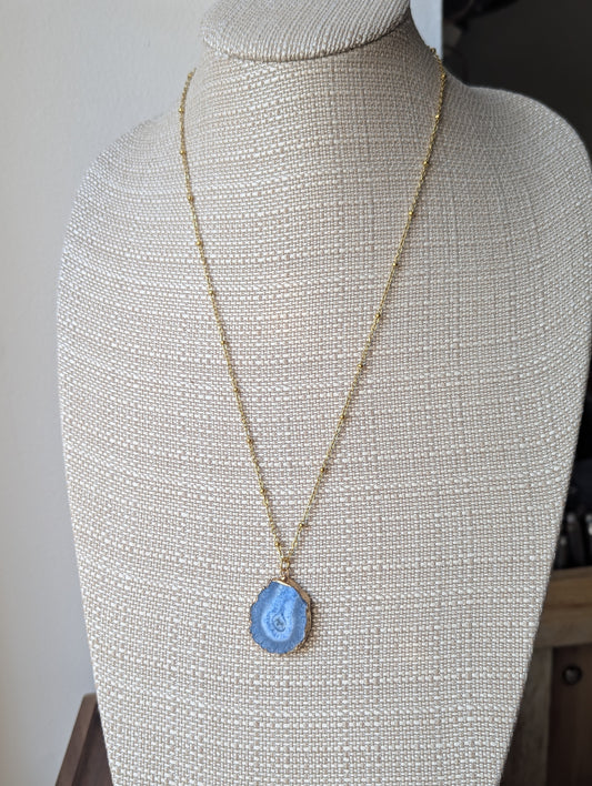 Blue Agate Slice Gold Long Necklace