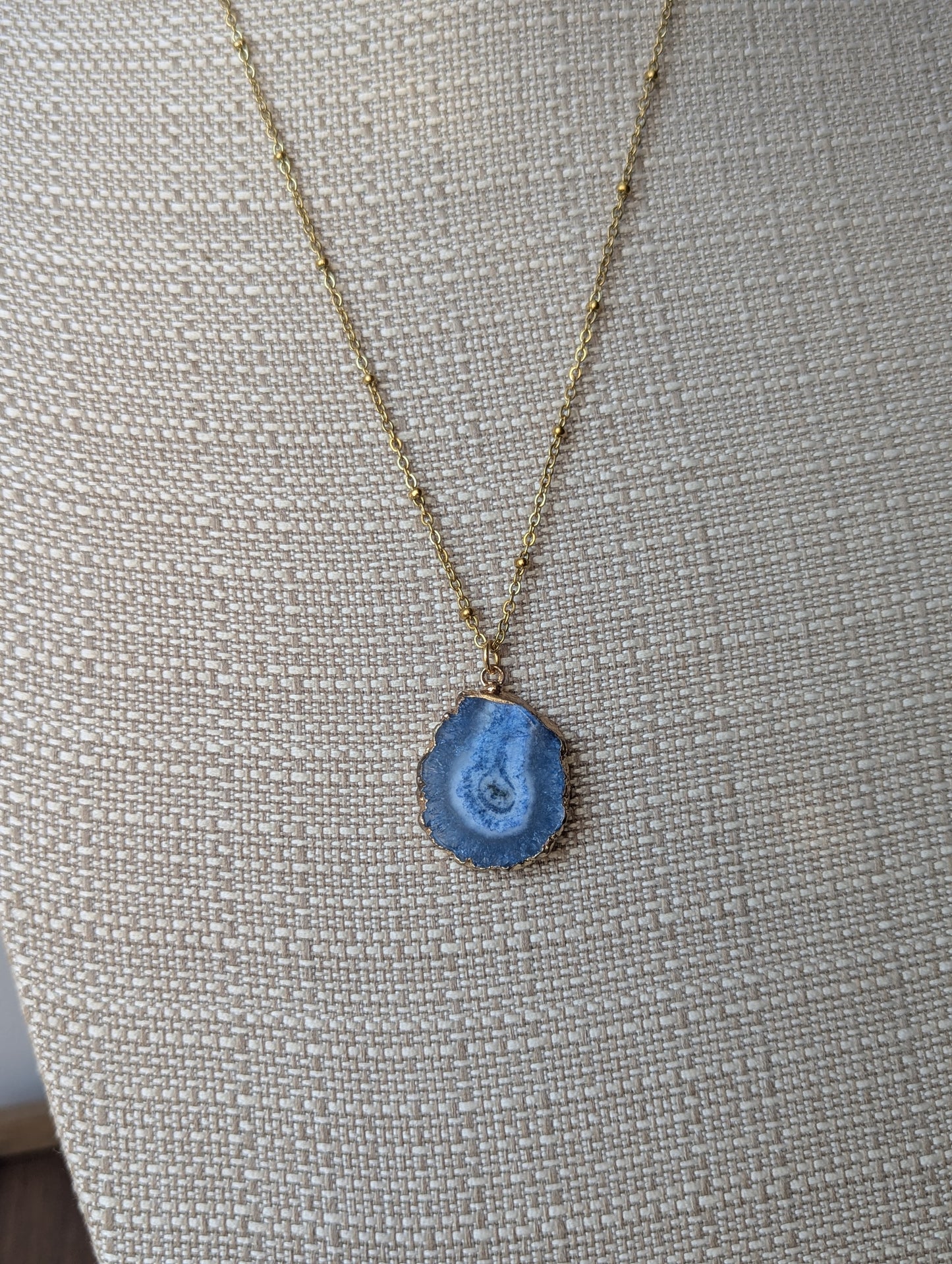 Blue Agate Slice Gold Long Necklace