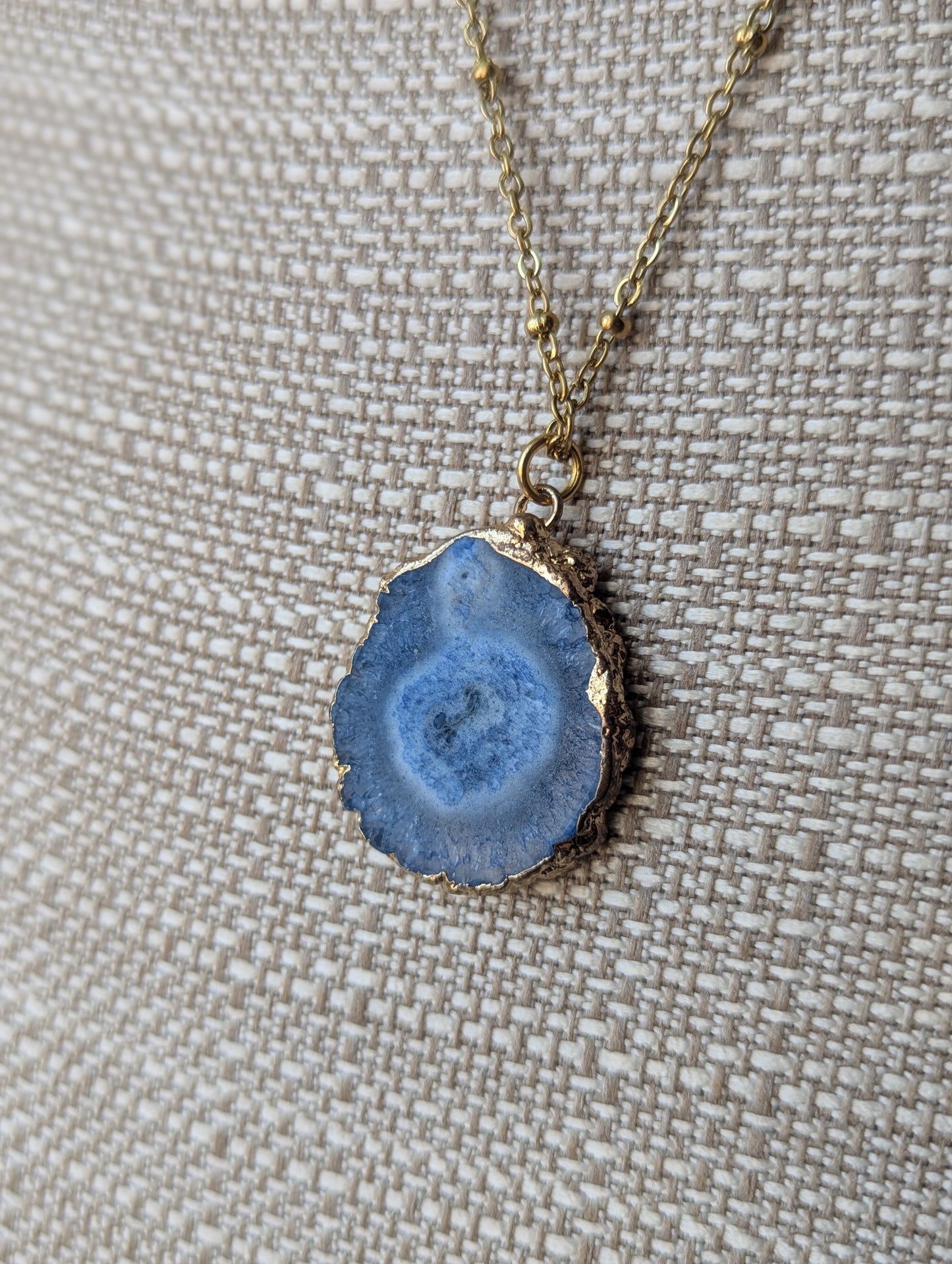 Blue Agate Slice Gold Long Necklace