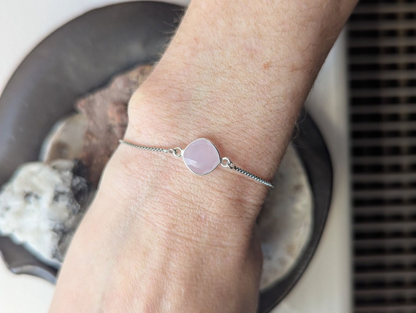 Faceted Pink Square Silver Slider Bracelet