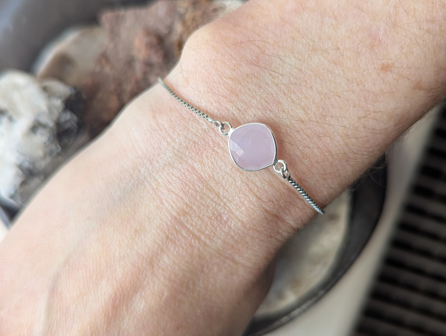 Faceted Pink Square Silver Slider Bracelet
