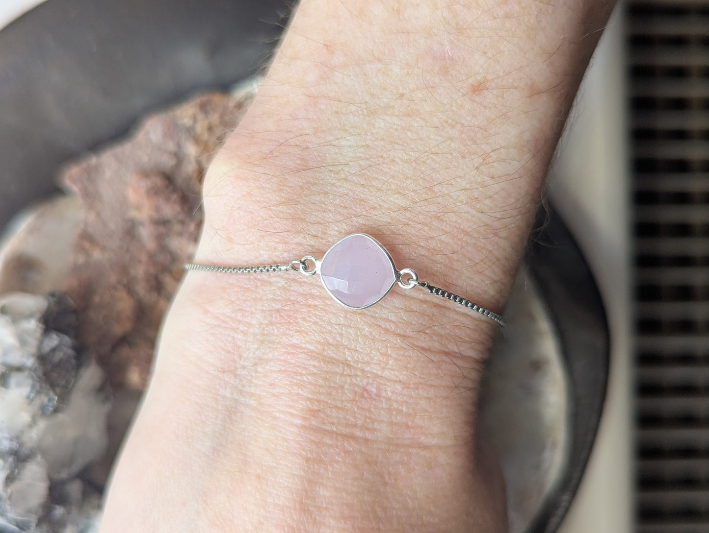 Faceted Pink Square Silver Slider Bracelet